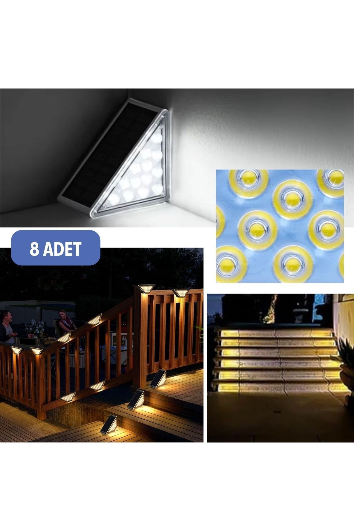 TBL Dekor® 8 Adet Üçgen  Güneş Enerjisi ile Şarj Olan Dış Mekan Solar Basamak Köşe Lambası