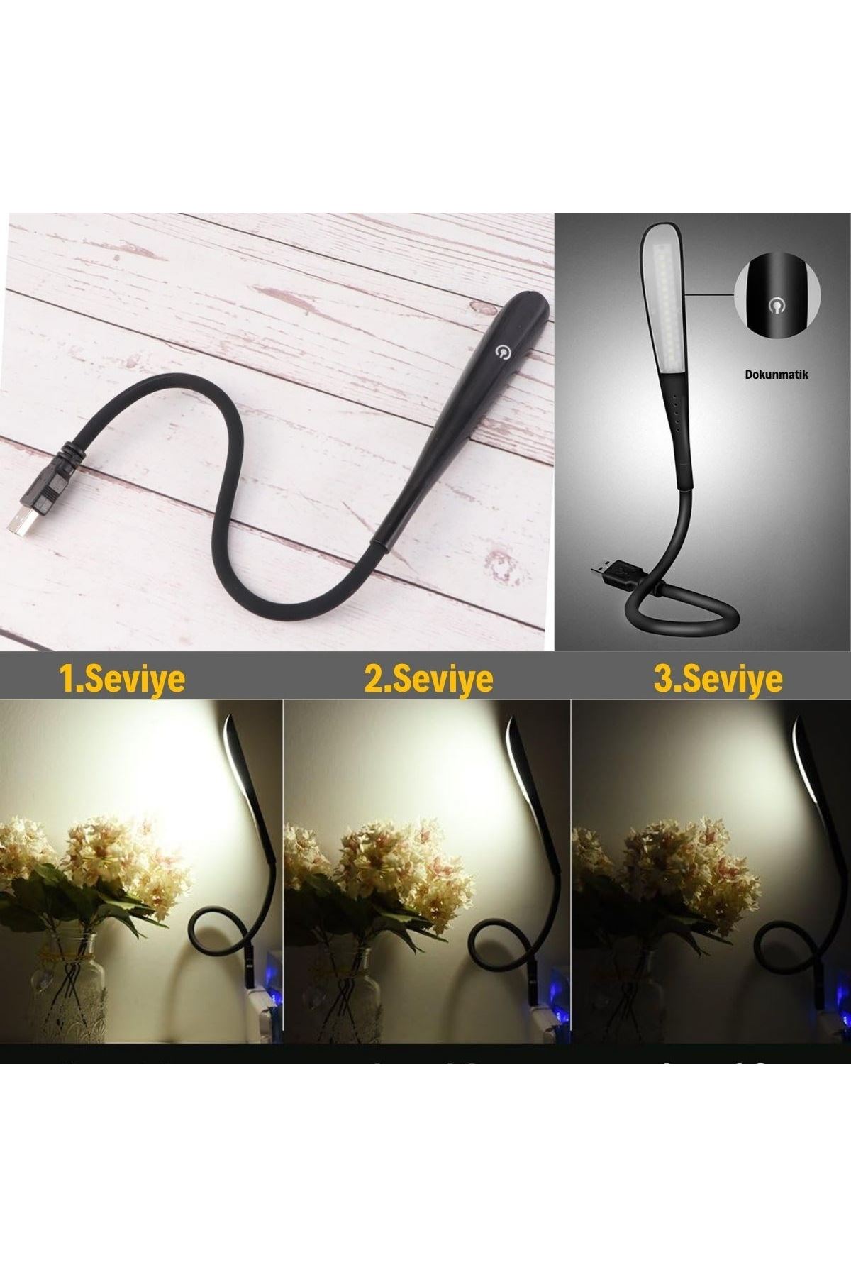 TBL Dekor® USB Girişli 14 Ledli 3 Kademeli Dokunmatik Masa/Kitap Okuma Lambası Ledi Siyah