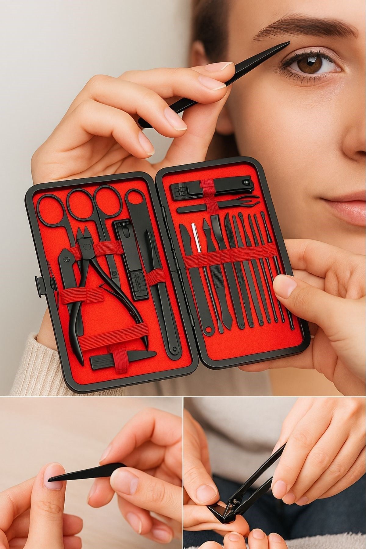 TBL Dekor® 24 Parça Kendiliğinden Deri Çantalı Seyahat Tipi Manikür Pedikür Seti