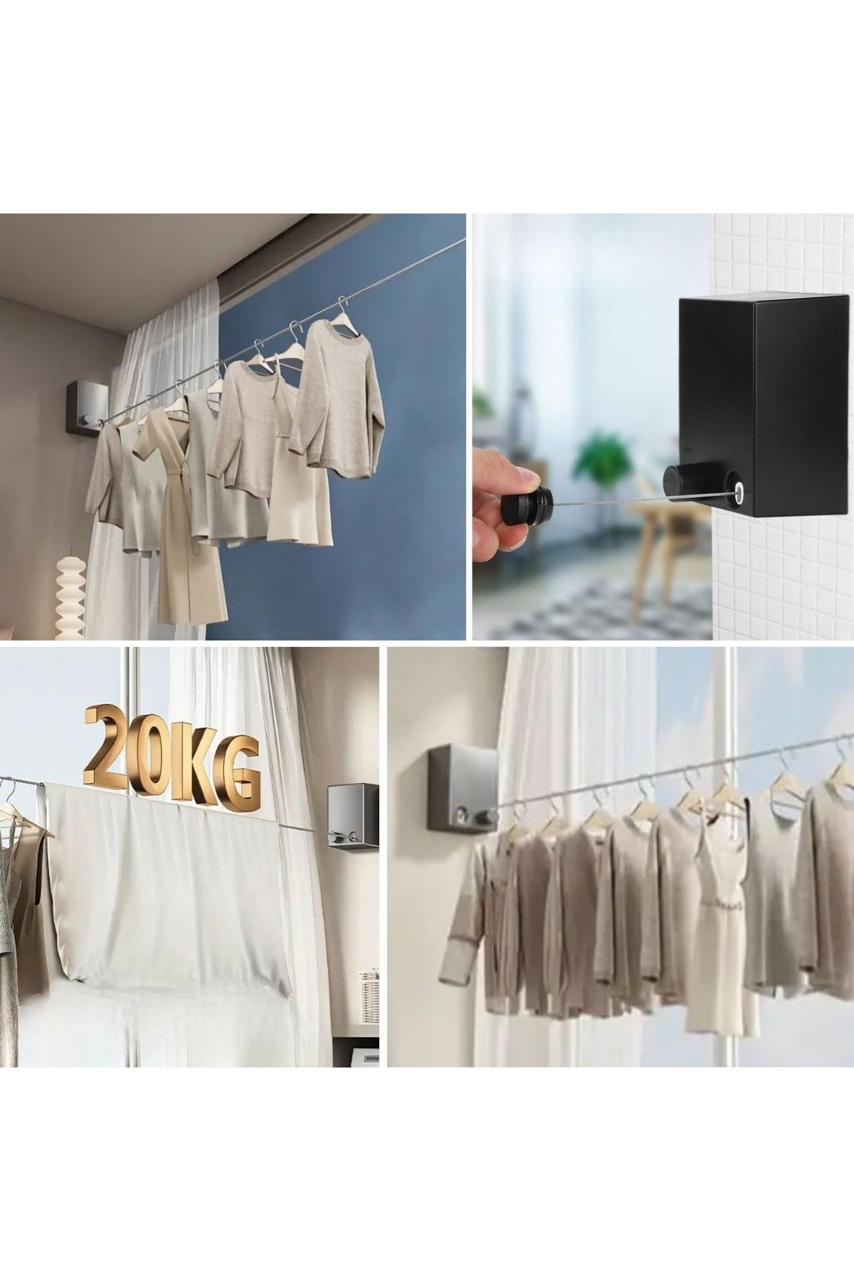 TBL Dekor® Teleskopik Çamaşır Kurutma Askısı, Pratik Geri Çekilebilir Çamaşır İpi