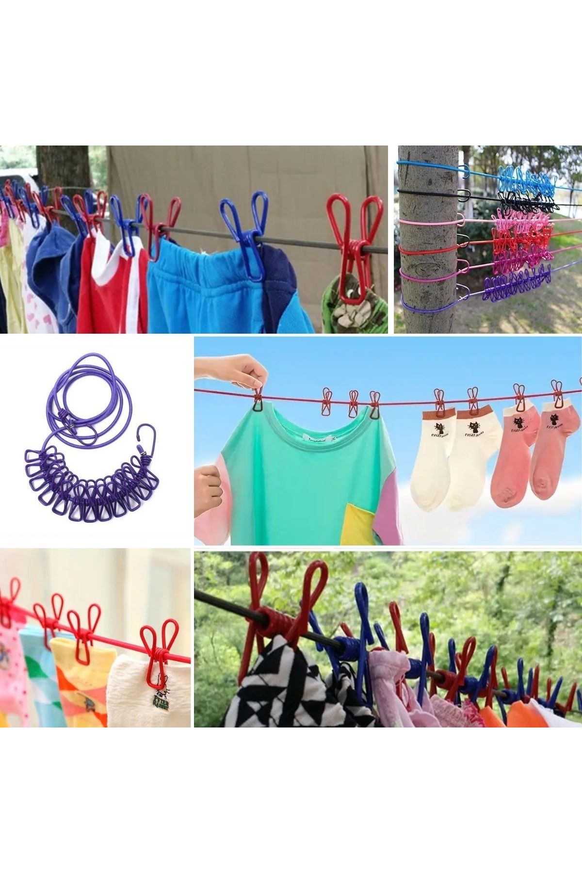 TBL Dekor® Taşınabilir Seyahat Çamaşır İpi 12 Mandallı Klipsli Lastikli Çamaşır Mandalları