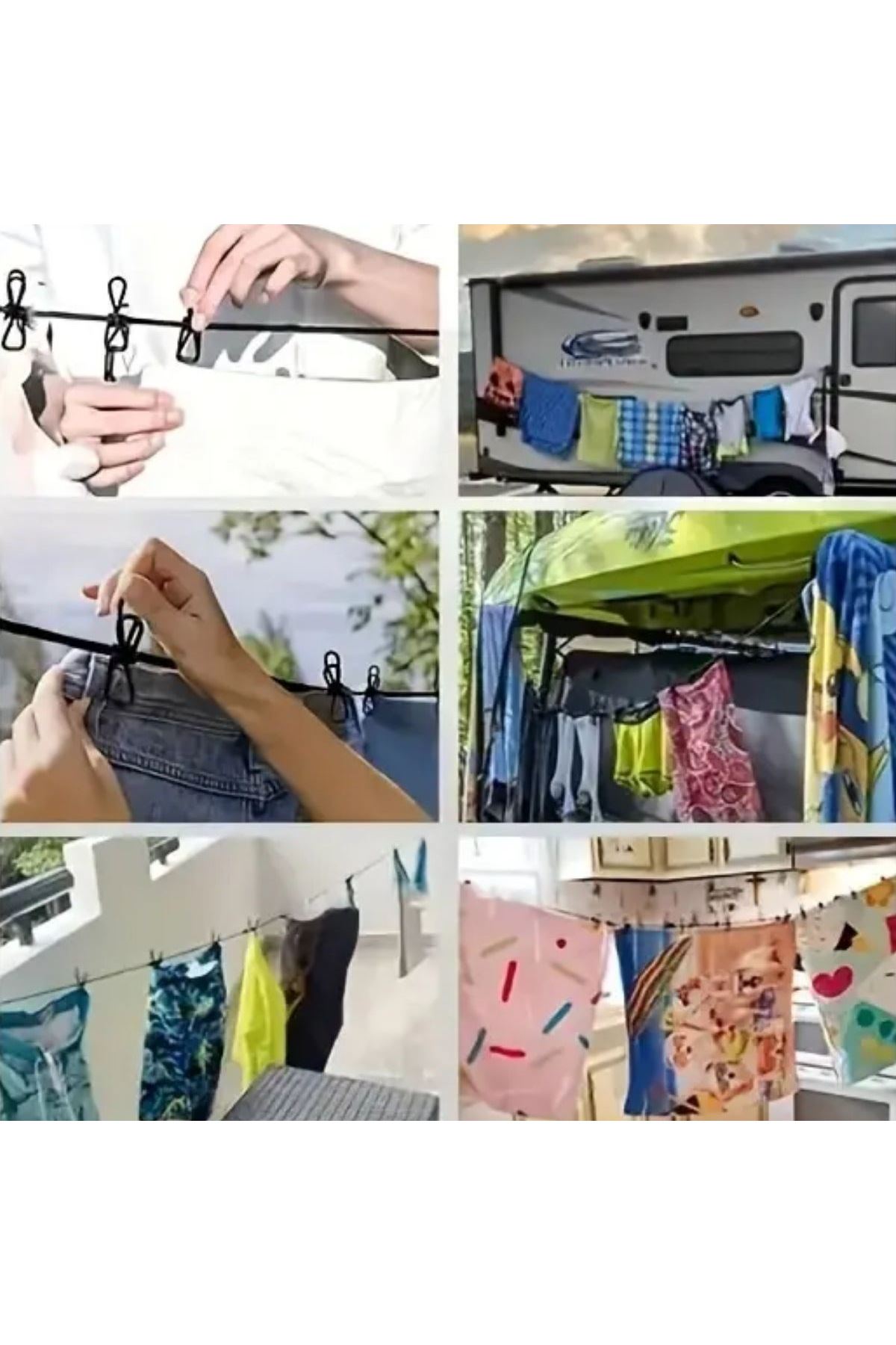 TBL Dekor® Taşınabilir Seyahat Çamaşır İpi 12 Mandallı Klipsli Lastikli Çamaşır Mandalları