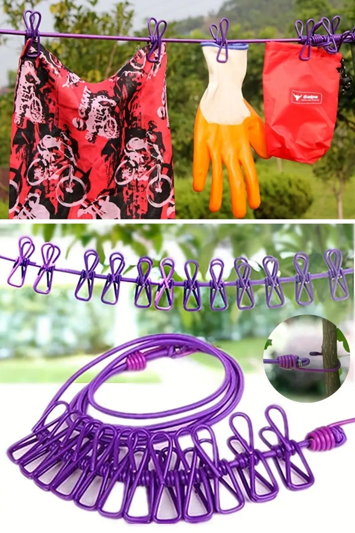 TBL Dekor® Taşınabilir Seyahat Çamaşır İpi 12 Mandallı Klipsli Lastikli Çamaşır Mandalları