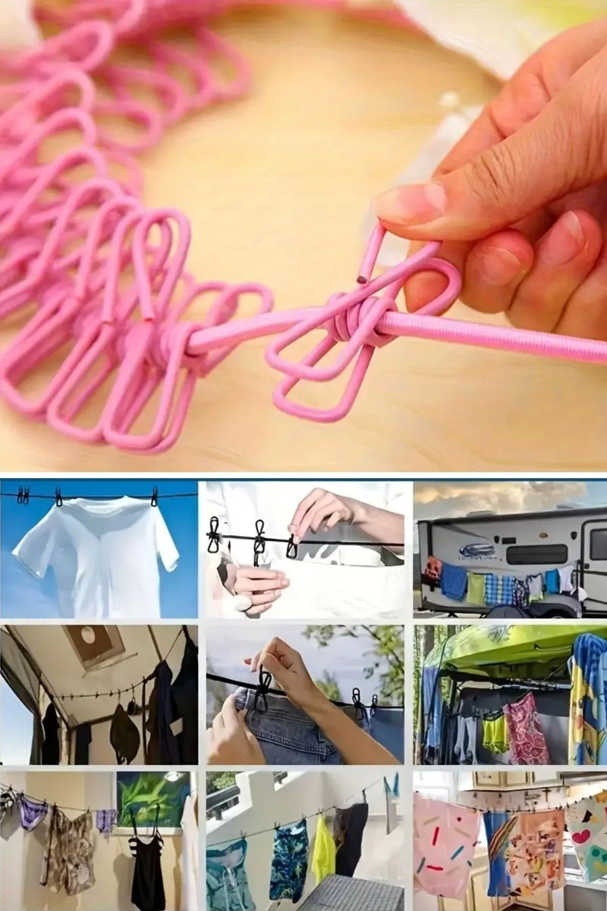 TBL Dekor® Taşınabilir Seyahat Çamaşır İpi 12 Mandallı Klipsli Lastikli Çamaşır Mandalları