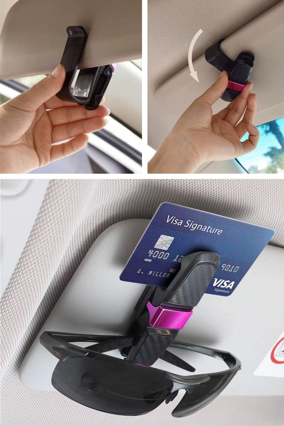 TBL Dekor® Araç İçi Güneşliğe Takılan 2'li Gözlük,Kart,Para Takmalık Aparat