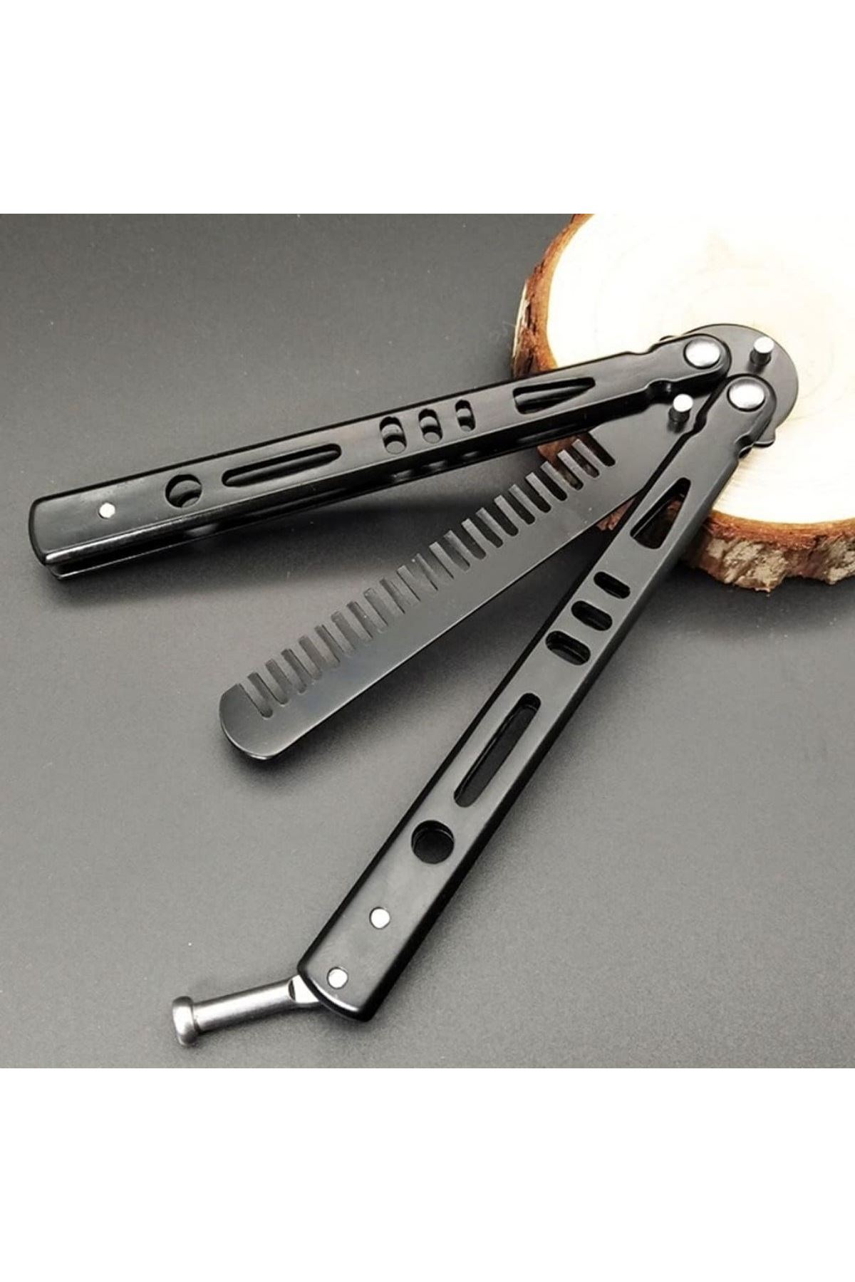 TBL Dekor® Siyah Katlanabilir Paslanmaz Çelik Kelebek Bıçak Tarak Sakal Bıyık Fırçası Profesyonel Saç Kesimi İçin Tarak