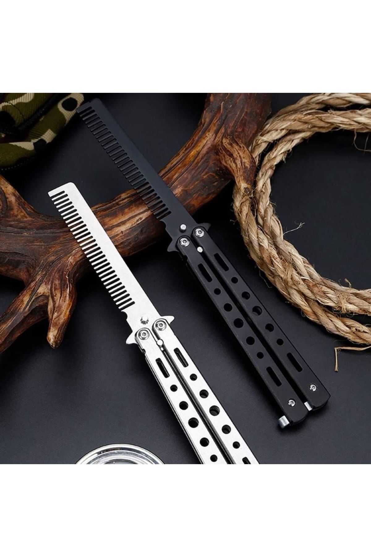 TBL Dekor® Siyah Katlanabilir Paslanmaz Çelik Kelebek Bıçak Tarak Sakal Bıyık Fırçası Profesyonel Saç Kesimi İçin Tarak