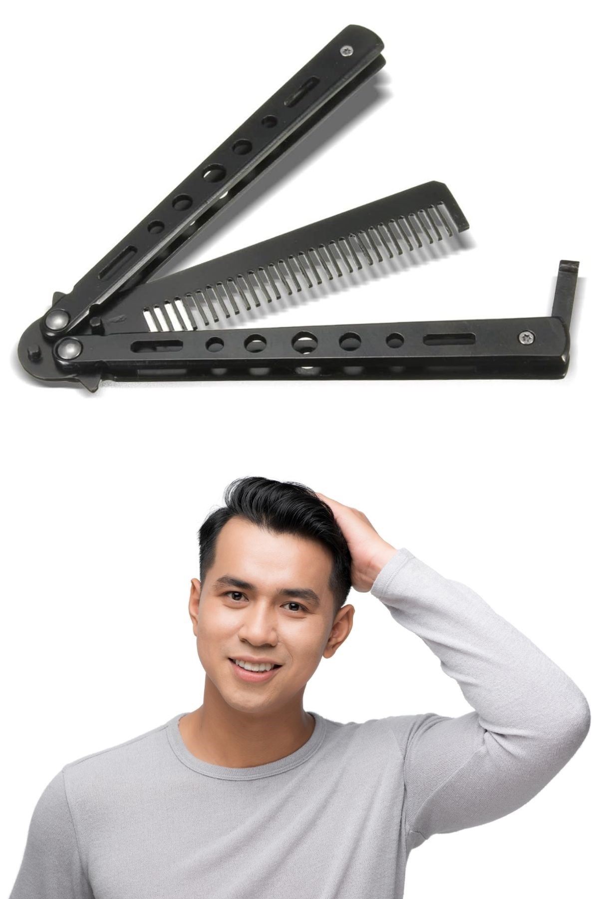 TBL Dekor® Siyah Katlanabilir Paslanmaz Çelik Kelebek Bıçak Tarak Sakal Bıyık Fırçası Profesyonel Saç Kesimi İçin Tarak