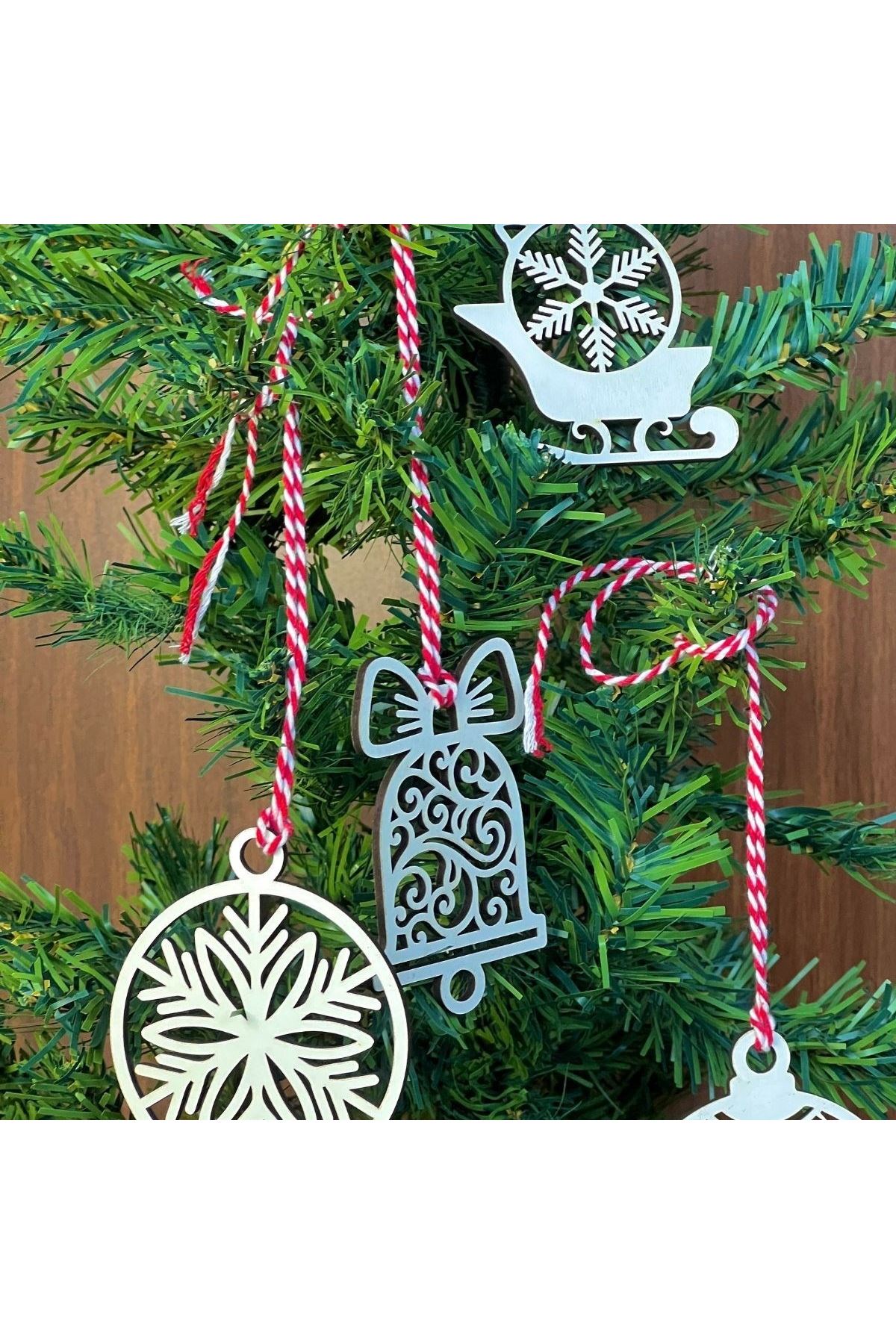 TBL Dekor® 10 Parça Kırmızı Beyaz İpli Karışık Model Ahşap Yılbaşı Ağaç Süsü