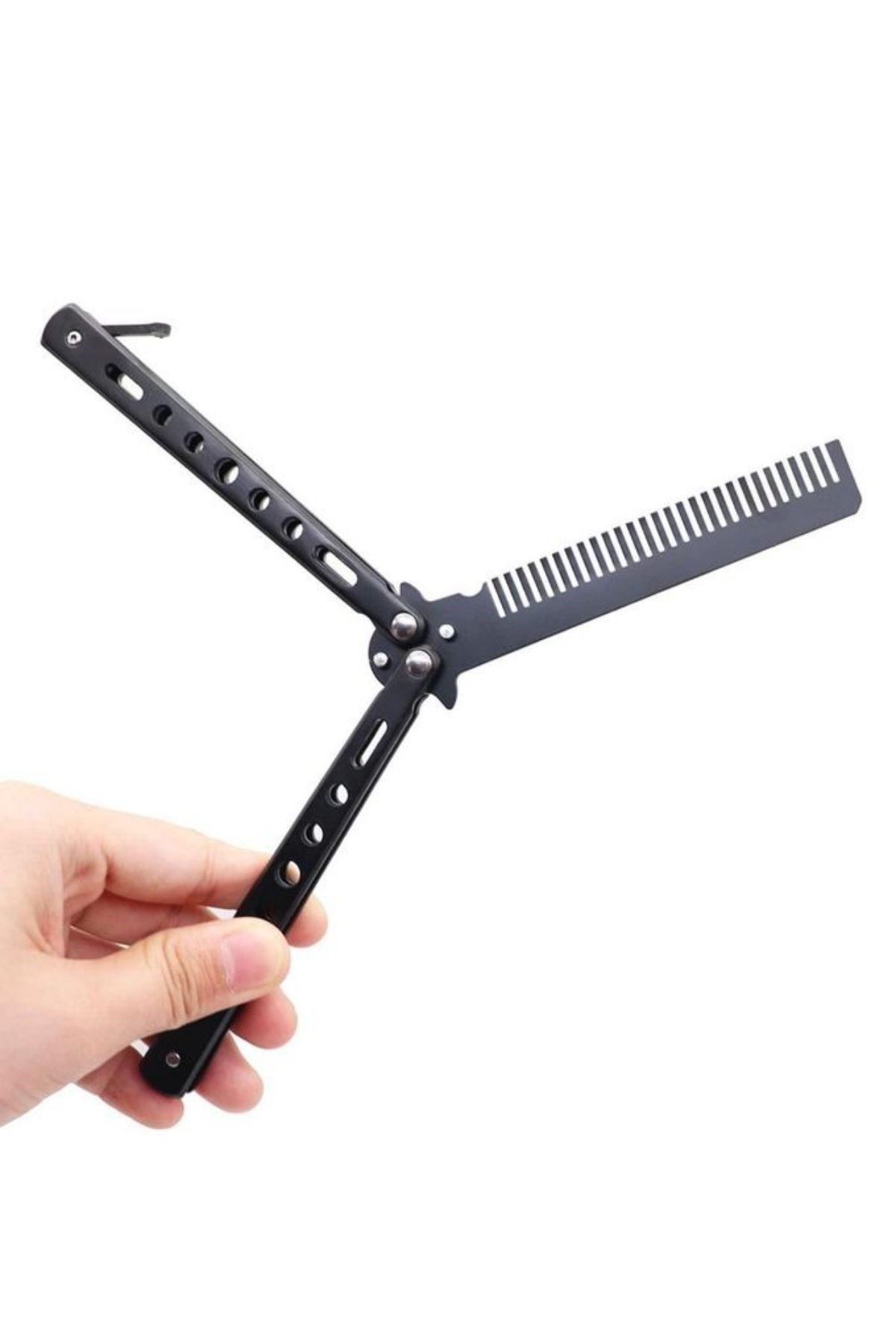 TBL Dekor® Siyah Katlanabilir Paslanmaz Çelik Kelebek Bıçak Tarak Sakal Bıyık Fırçası Profesyonel Saç Kesimi İçin Tarak
