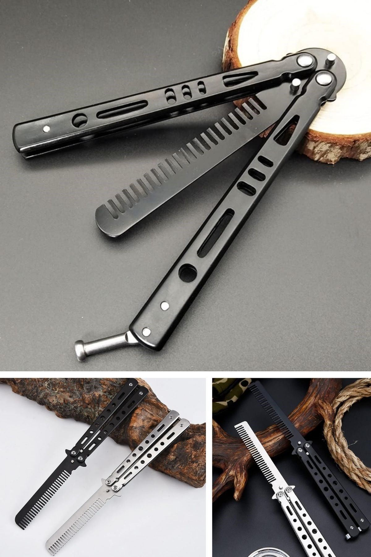 TBL Dekor® Siyah Katlanabilir Paslanmaz Çelik Kelebek Bıçak Tarak Sakal Bıyık Fırçası Profesyonel Saç Kesimi İçin Tarak