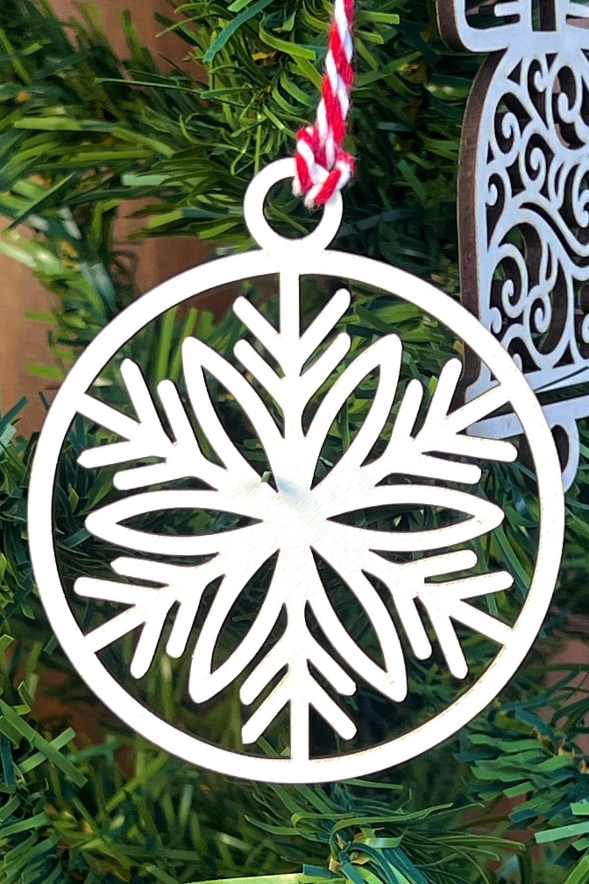 TBL Dekor® 10 Parça Kırmızı Beyaz İpli Karışık Model Ahşap Yılbaşı Ağaç Süsü