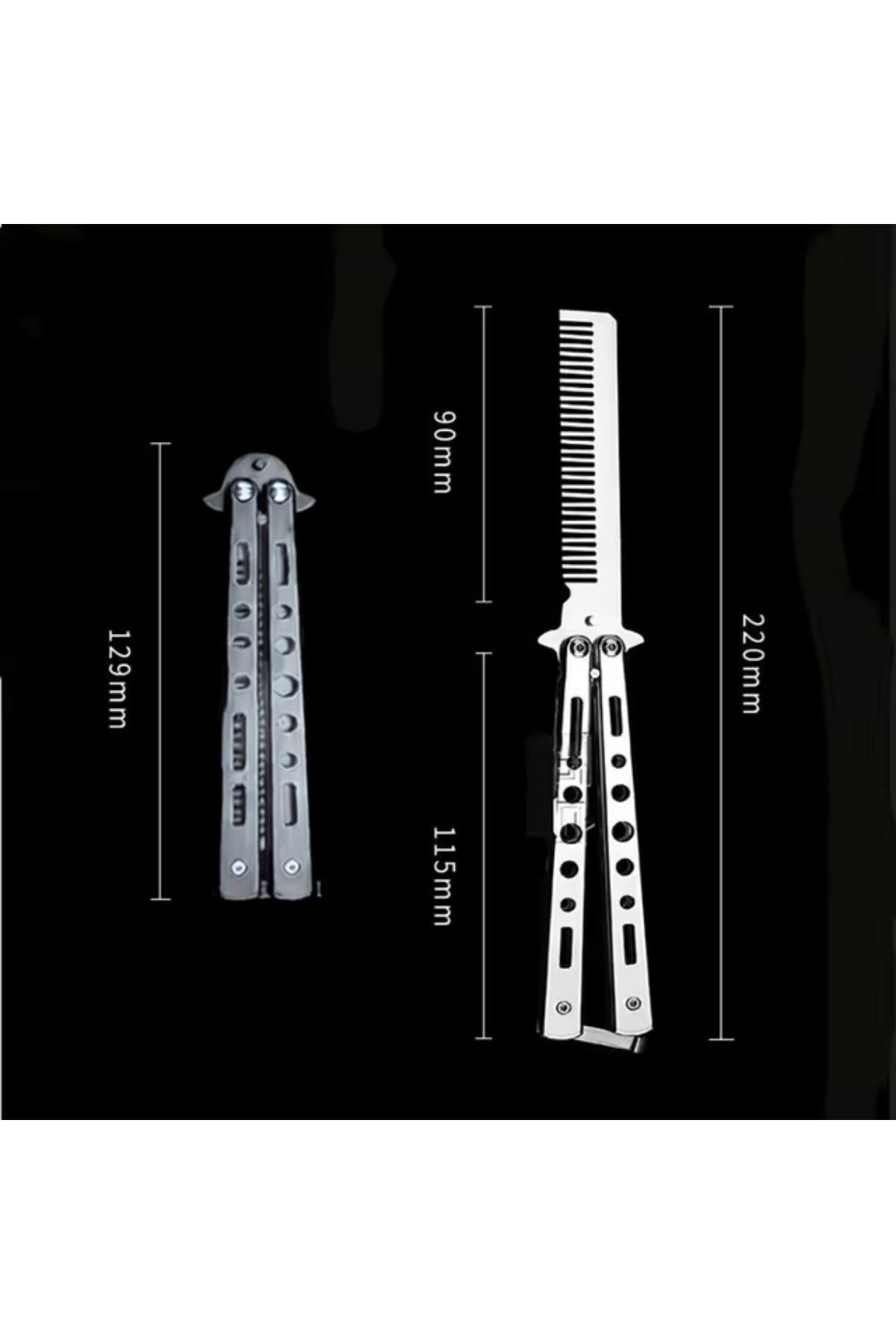TBL Dekor® Gri Katlanabilir Paslanmaz Çelik Kelebek Bıçak Tarak Sakal Bıyık Fırçası Profesyonel Saç Kesimi İçin Tarak