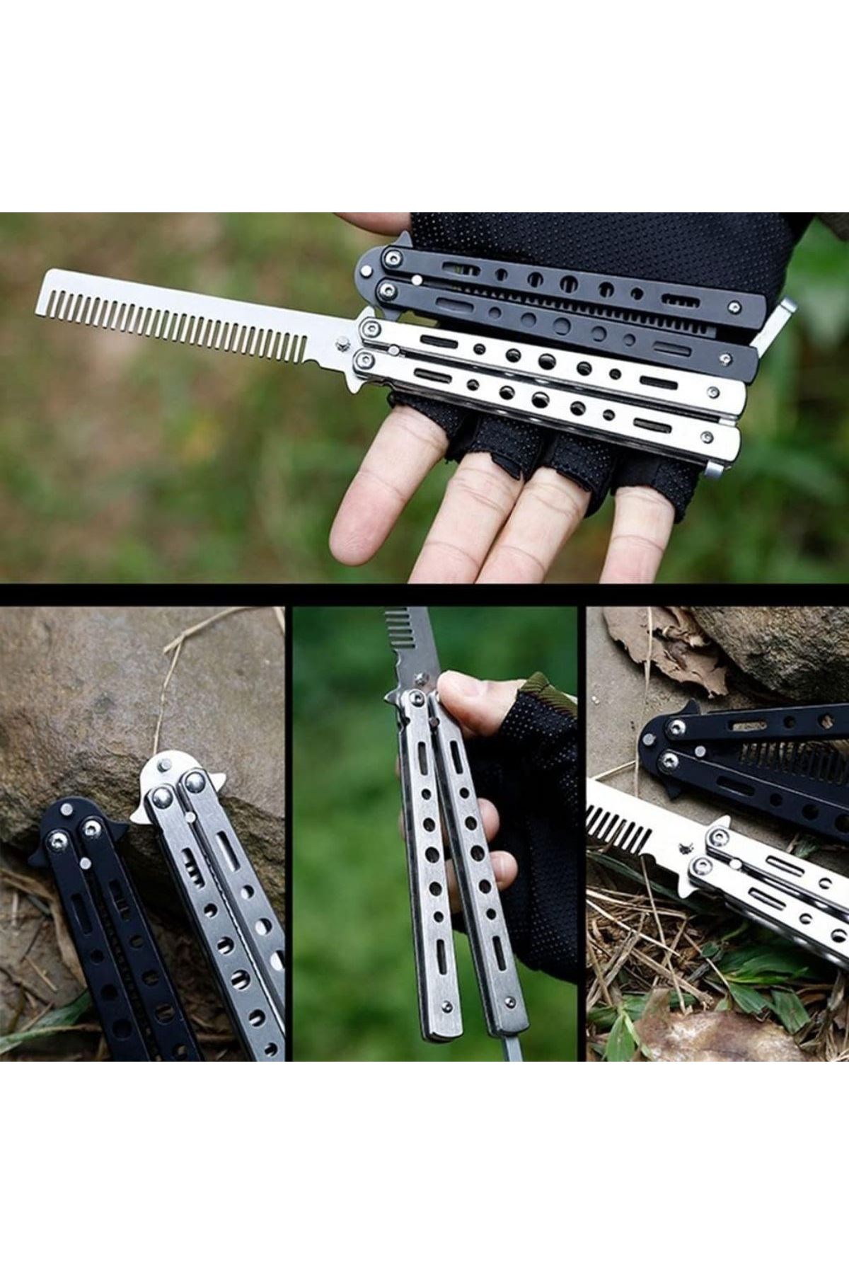 TBL Dekor® Gri Katlanabilir Paslanmaz Çelik Kelebek Bıçak Tarak Sakal Bıyık Fırçası Profesyonel Saç Kesimi İçin Tarak