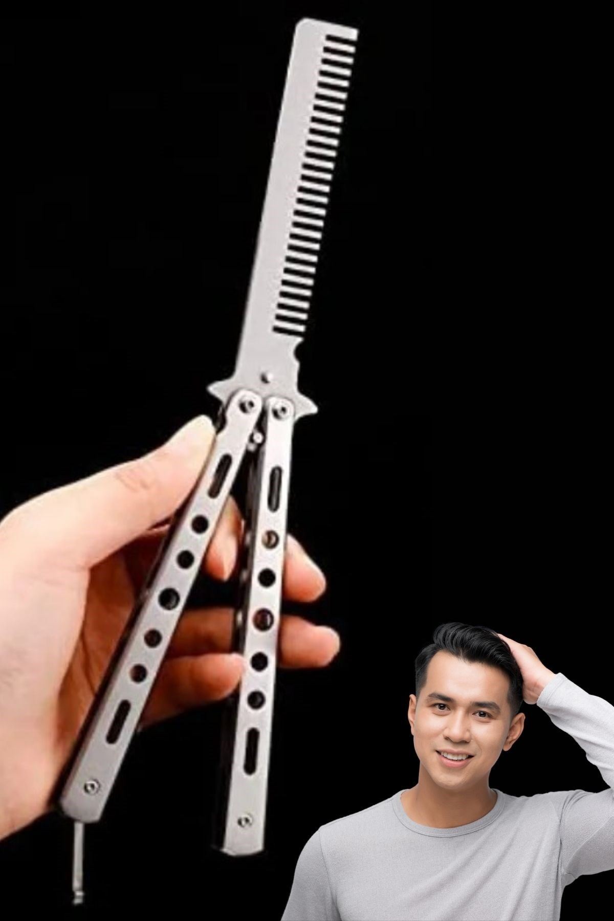 TBL Dekor® Gri Katlanabilir Paslanmaz Çelik Kelebek Bıçak Tarak Sakal Bıyık Fırçası Profesyonel Saç Kesimi İçin Tarak