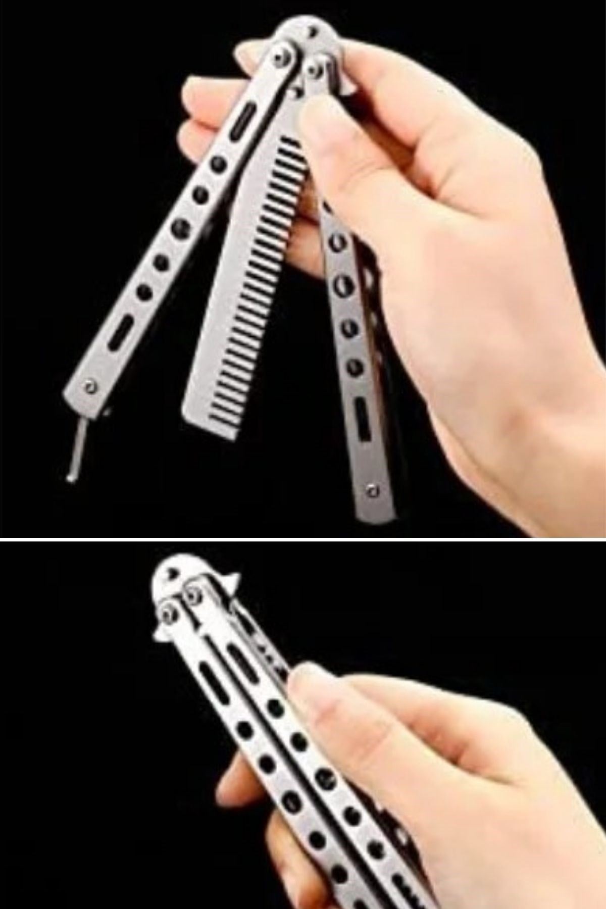 TBL Dekor® Gri Katlanabilir Paslanmaz Çelik Kelebek Bıçak Tarak Sakal Bıyık Fırçası Profesyonel Saç Kesimi İçin Tarak