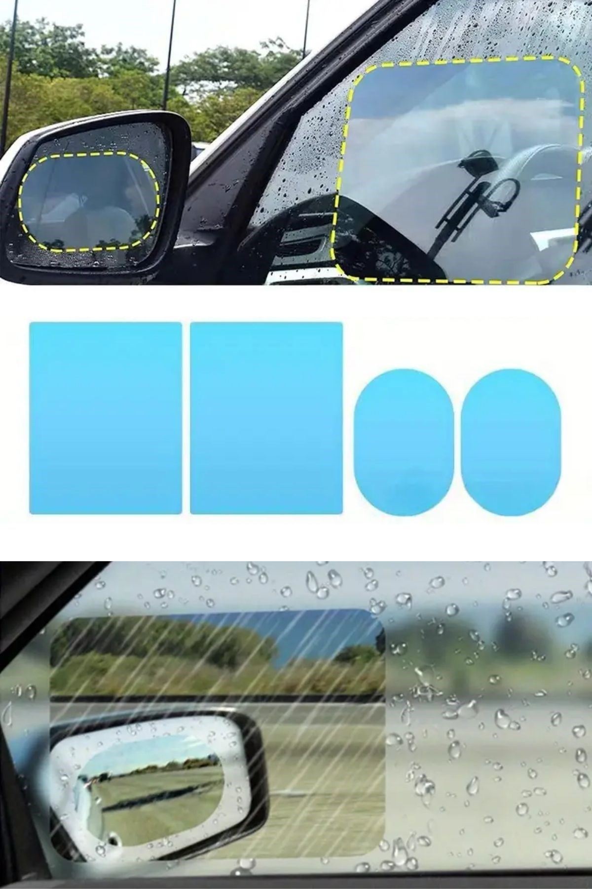 TBL Dekor® 4 Parça Yan Aynalar ve Yan Camlar İçin Araç Ayna Yağmur Kaydırıcı ve Cam Buğu Önleyici Film Seti