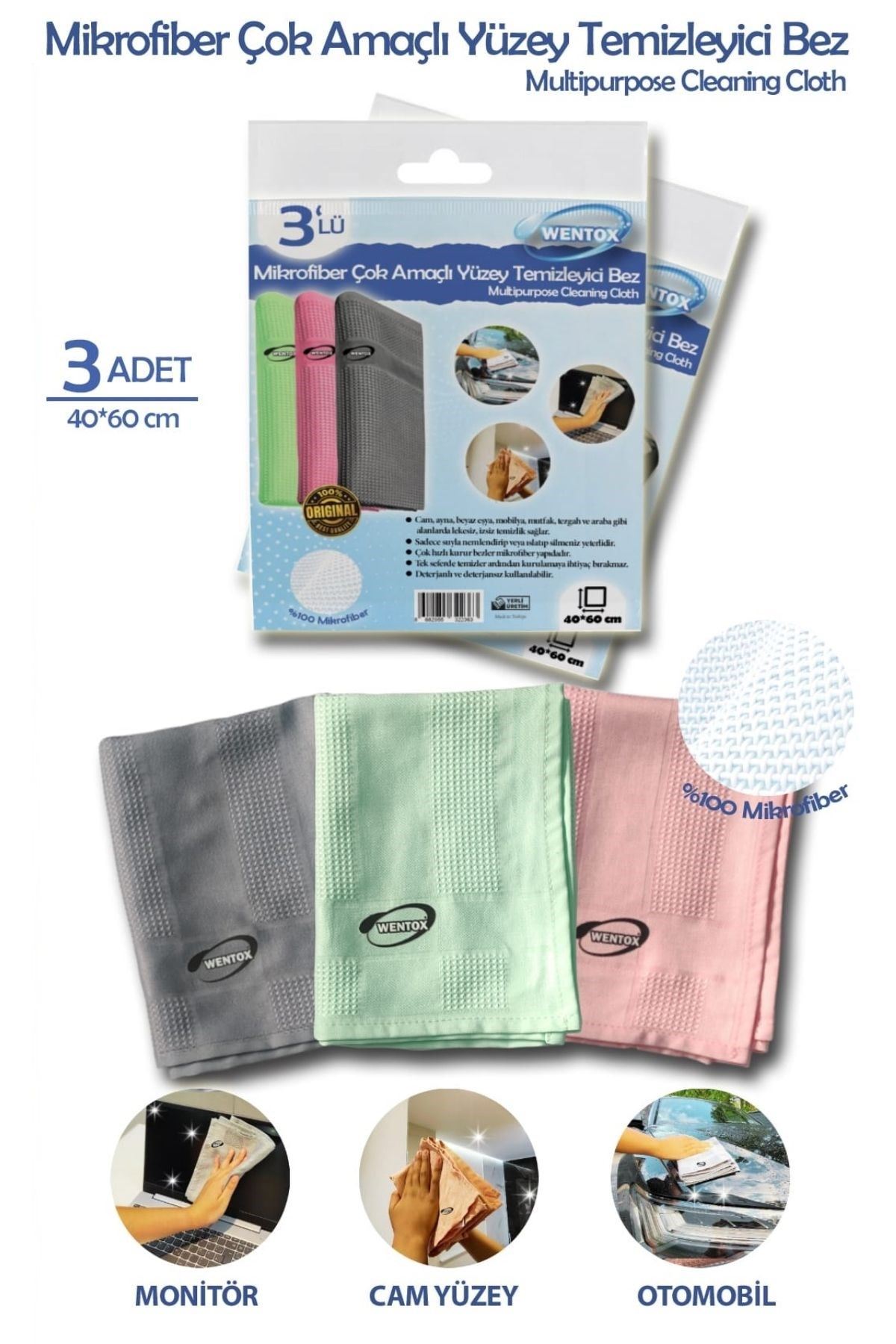 TBL Dekor® İz Bırakmayan Mikrofiber Temizlik Bezi 3'lü Set Cam ve Ayna Silme Toz Alma Temizlik Bezi