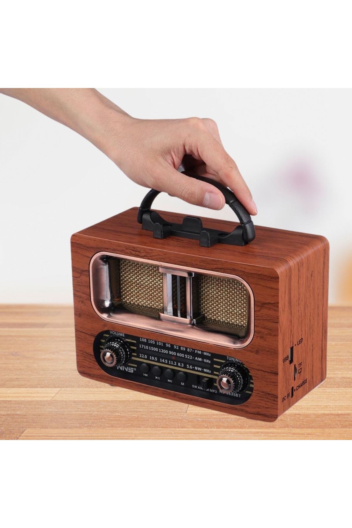TBL Dekor® Büyük Boy Retro, Nostaljik, Ahşap Tasarım Bluetooth Hoparlörlü, Şarjlı, Taşınabilir FM/AM Destekli Radyo NS-6635
