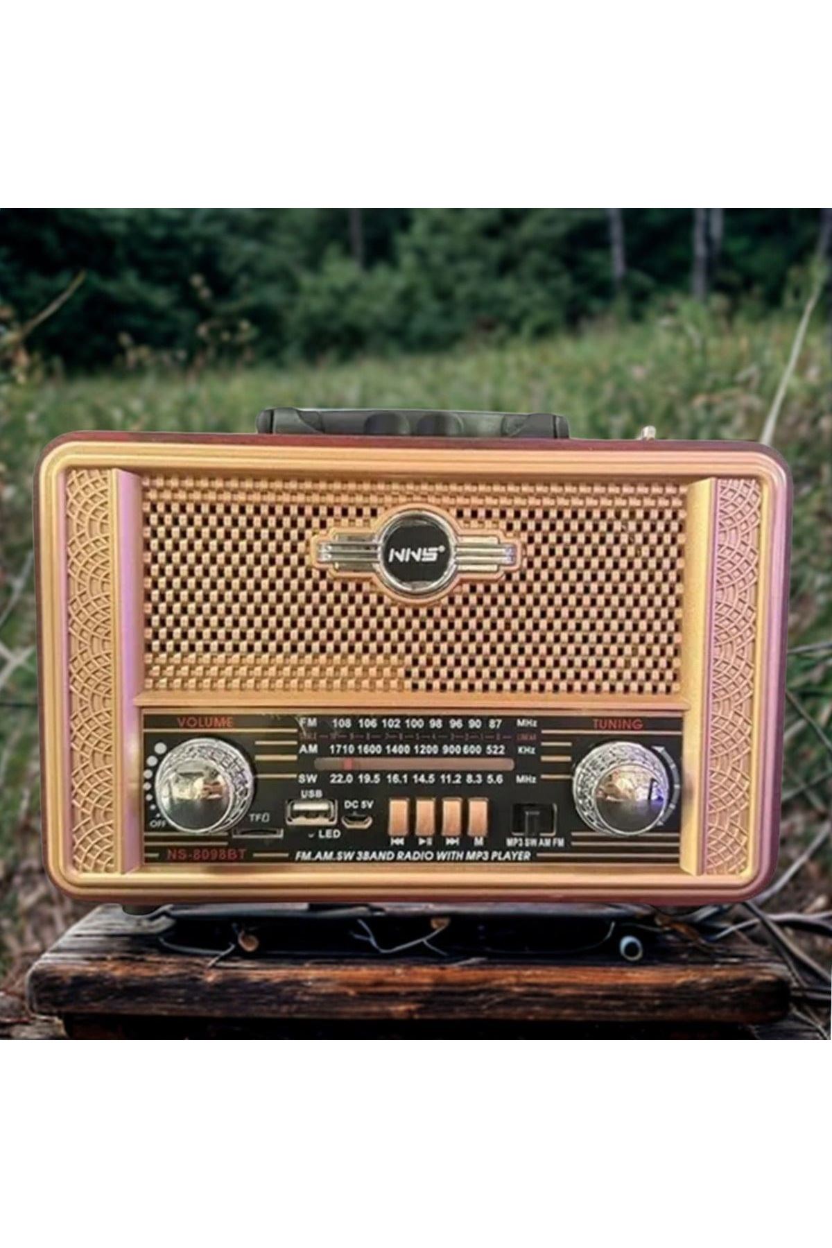 TBL Dekor® Retro, Nostaljik, Ahşap Tasarım Bluetooth Hoparlörlü, Şarjlı, Taşınabilir Otantik Tasarımlı FM/AM Destekli Radyo NS8098