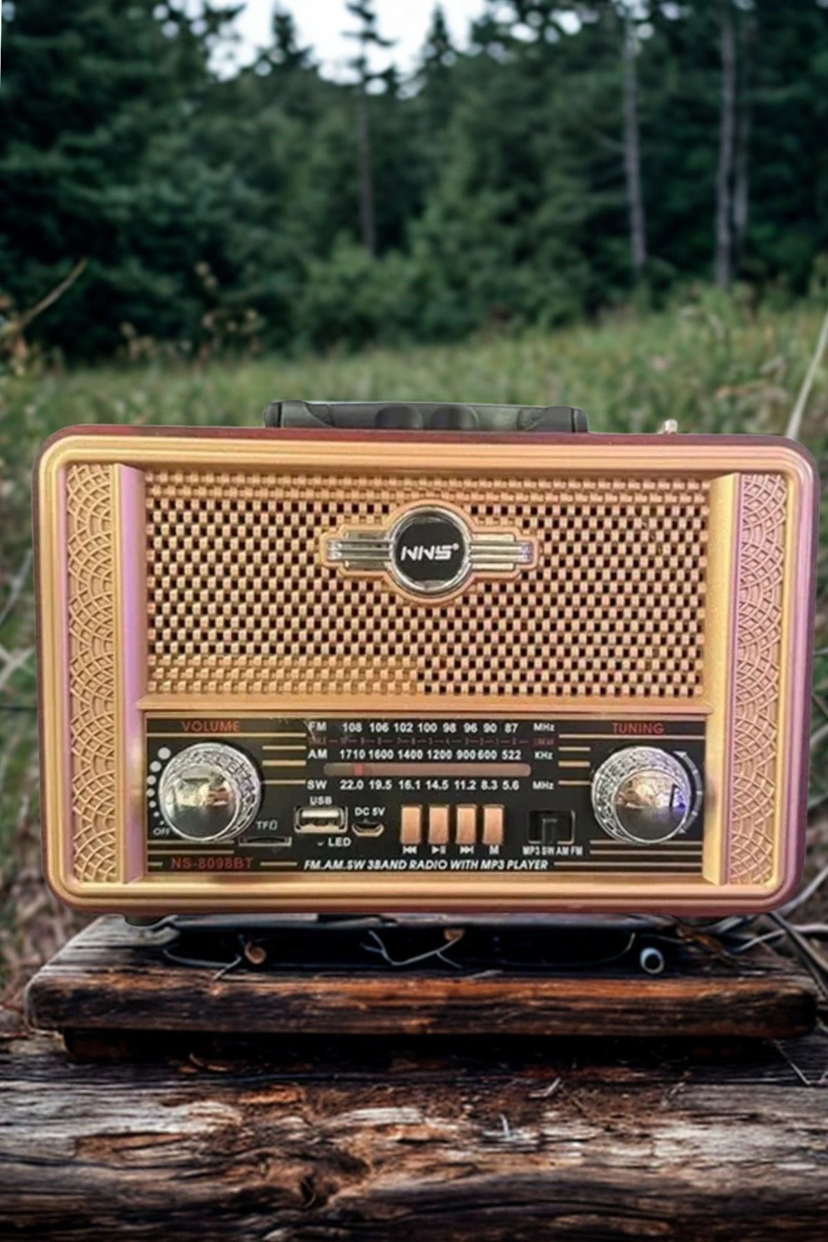 TBL Dekor® Retro, Nostaljik, Ahşap Tasarım Bluetooth Hoparlörlü, Şarjlı, Taşınabilir Otantik Tasarımlı FM/AM Destekli Radyo NS8098