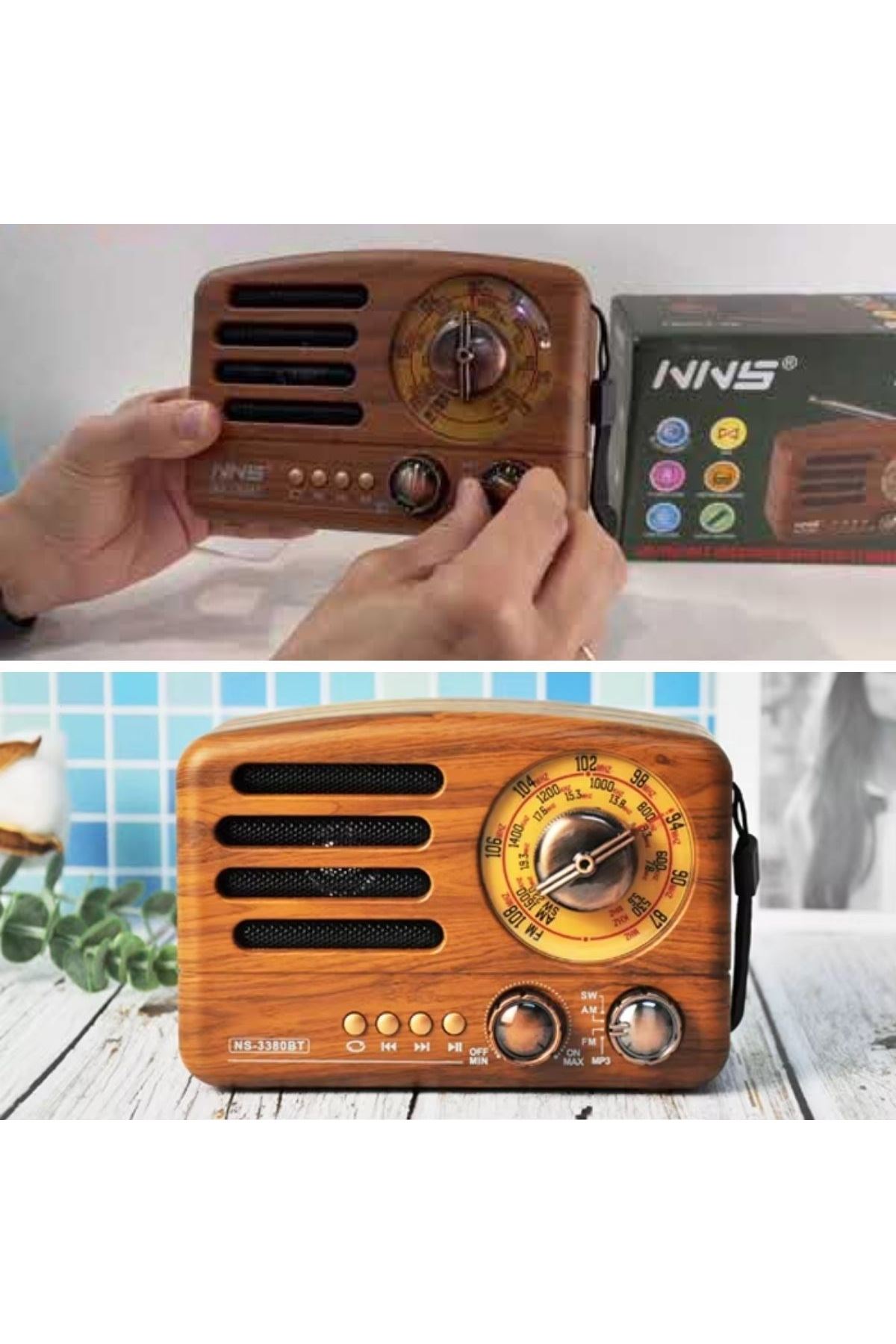 TBL Dekor® Küçük Boy Retro, Nostaljik, Ahşap Tasarım Bluetooth Hoparlörlü, Şarjlı, Taşınabilir Büyük Döndürülebilen Düğmeli FM/AM Destekli Radyo NS338