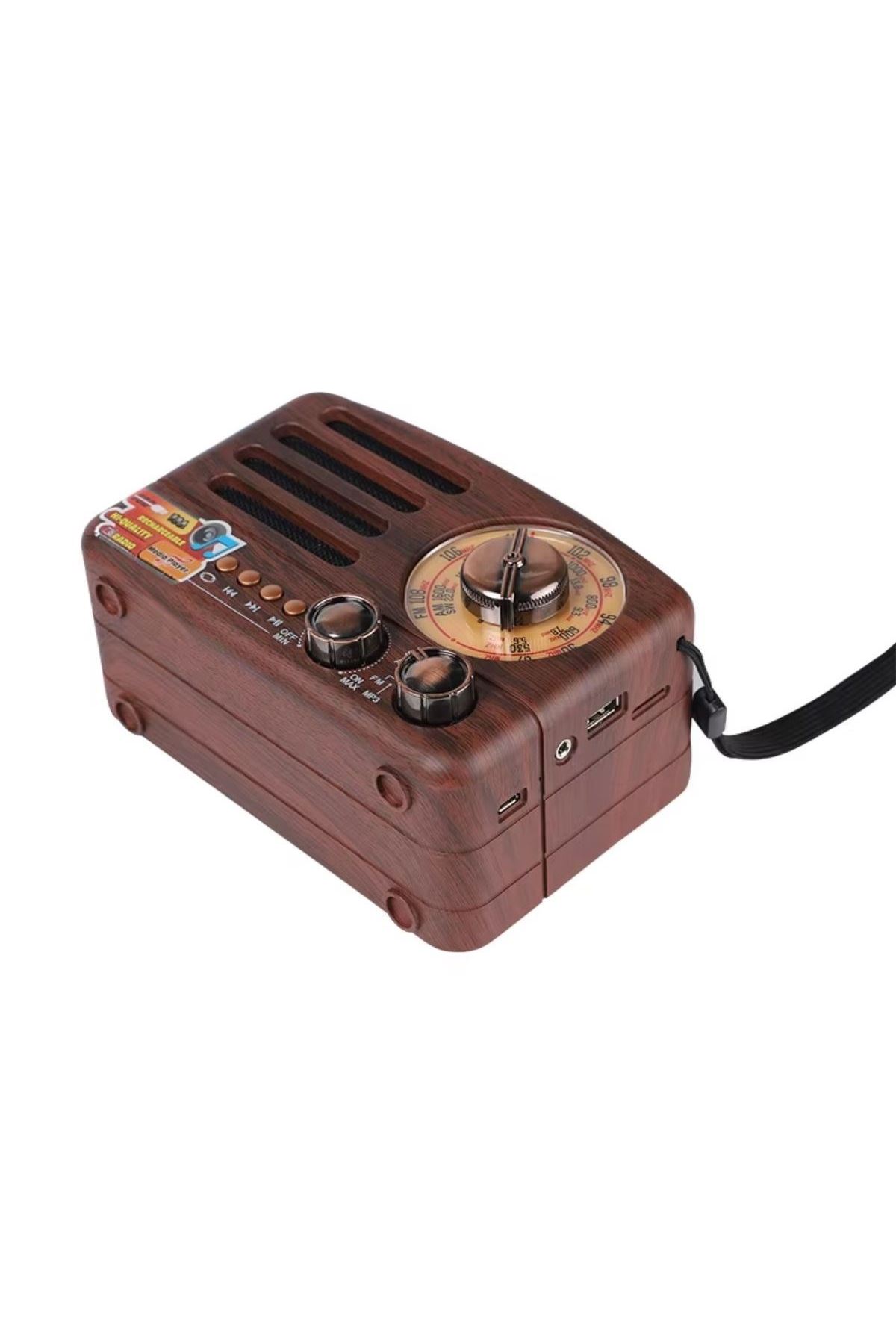 TBL Dekor® Küçük Boy Retro, Nostaljik, Ahşap Tasarım Bluetooth Hoparlörlü, Şarjlı, Taşınabilir Büyük Döndürülebilen Düğmeli FM/AM Destekli Radyo NS338