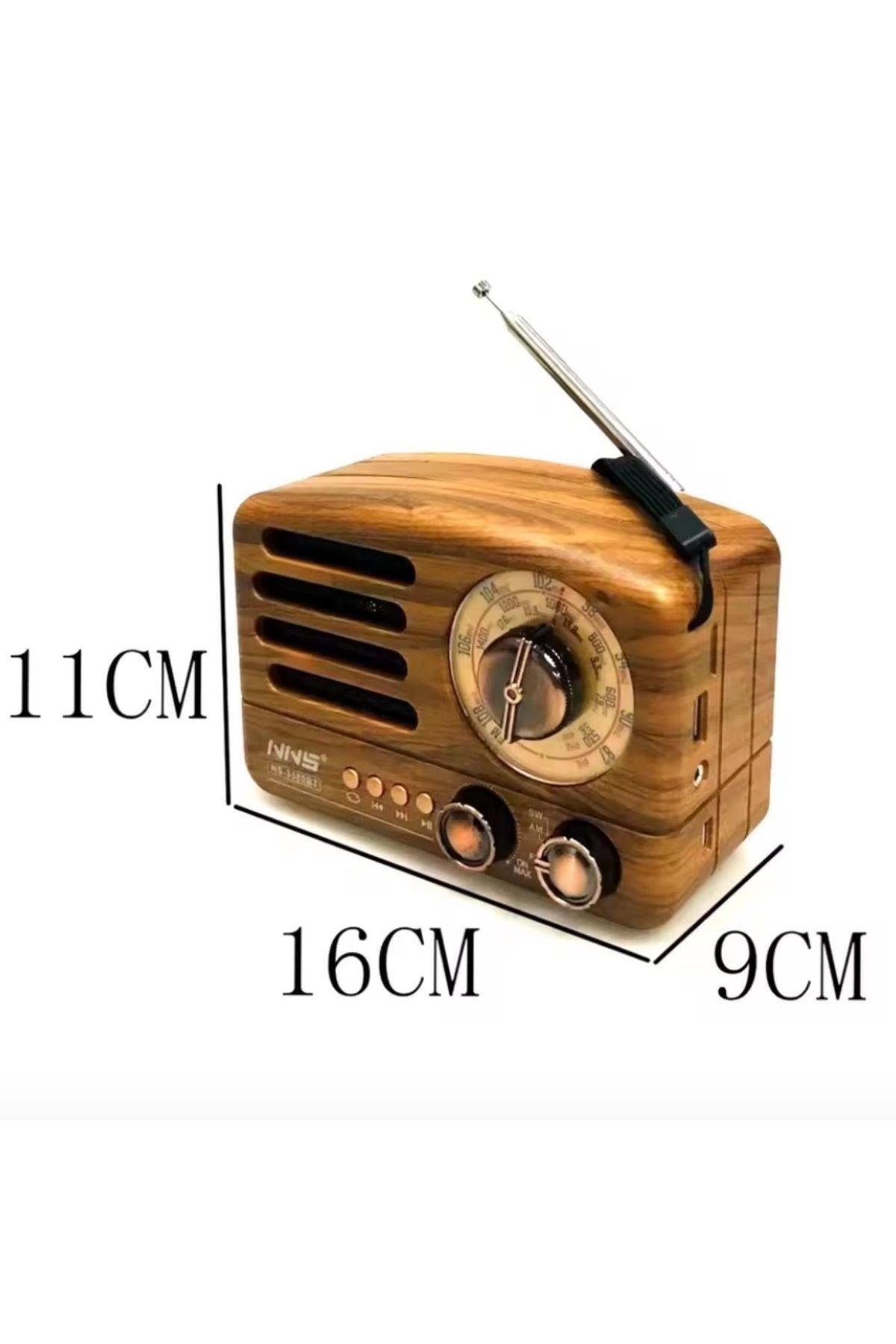 TBL Dekor® Küçük Boy Retro, Nostaljik, Ahşap Tasarım Bluetooth Hoparlörlü, Şarjlı, Taşınabilir Büyük Döndürülebilen Düğmeli FM/AM Destekli Radyo NS338