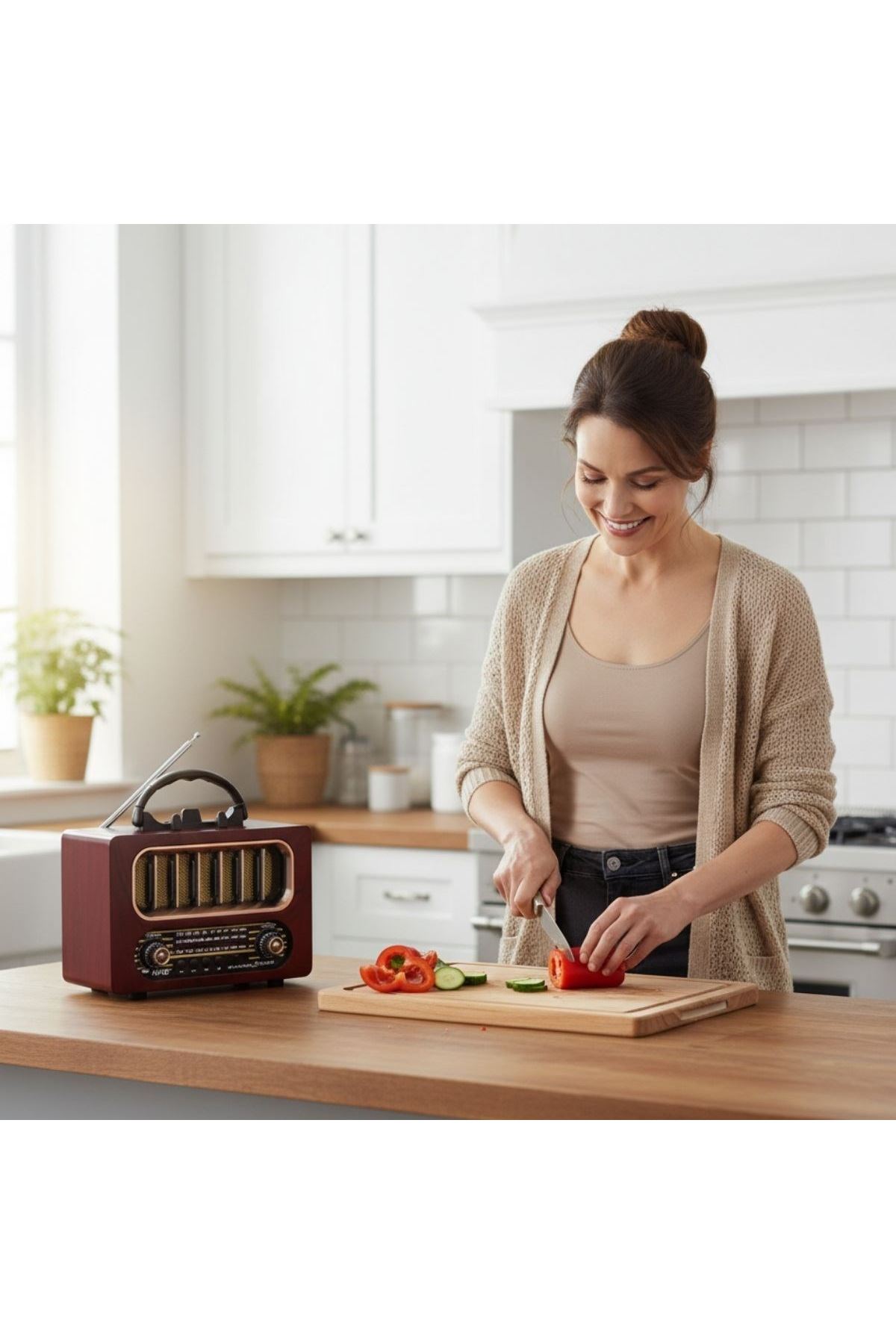 TBL Dekor® Orta Boy Retro Ahşap Tasarım Bluetooth Hoparlörlü Radyo – FM/AM Destekli, Şarjlı ve Taşınabiliri Radyo NS-6636