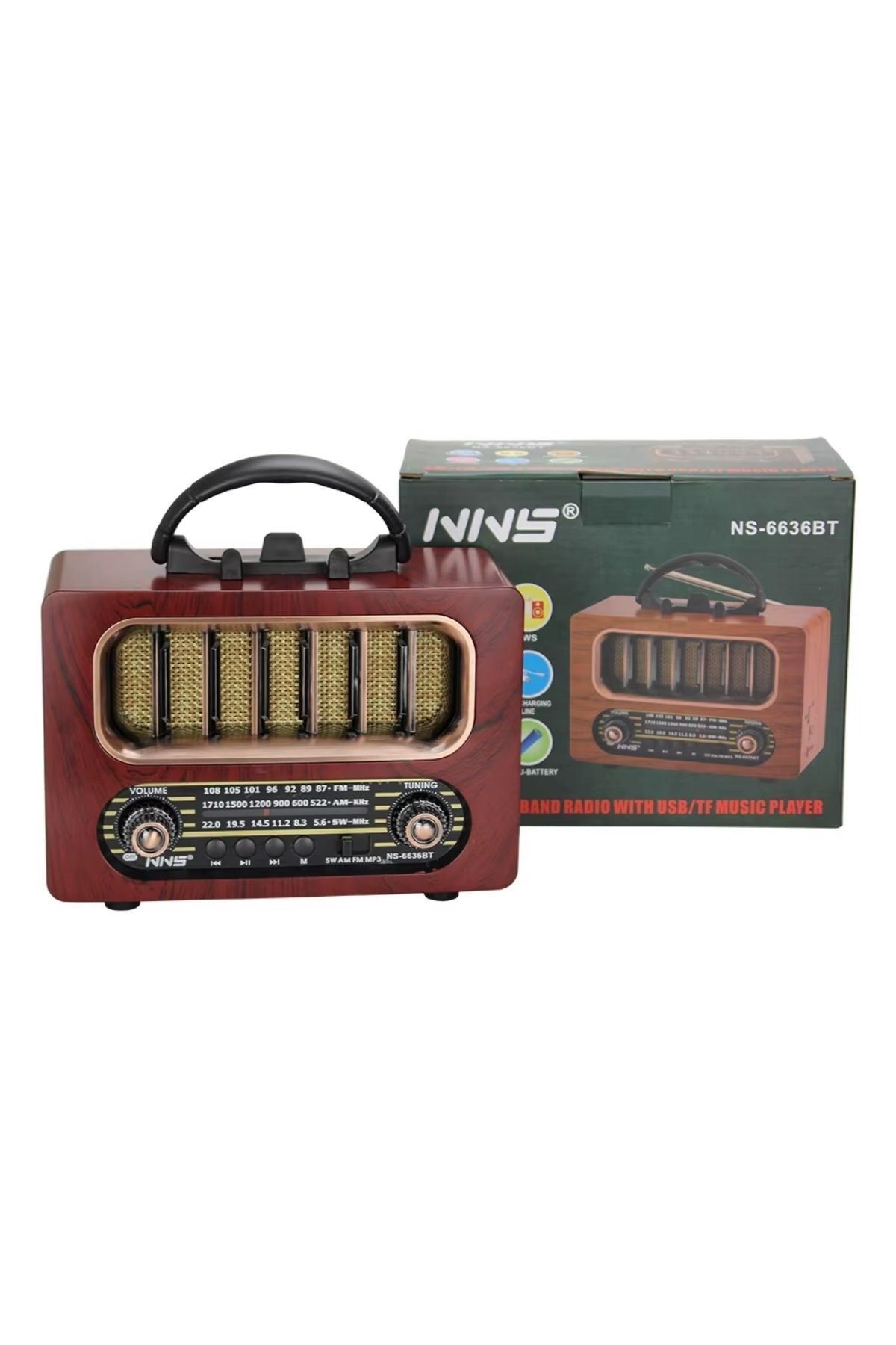 TBL Dekor® Orta Boy Retro Ahşap Tasarım Bluetooth Hoparlörlü Radyo – FM/AM Destekli, Şarjlı ve Taşınabiliri Radyo NS-6636