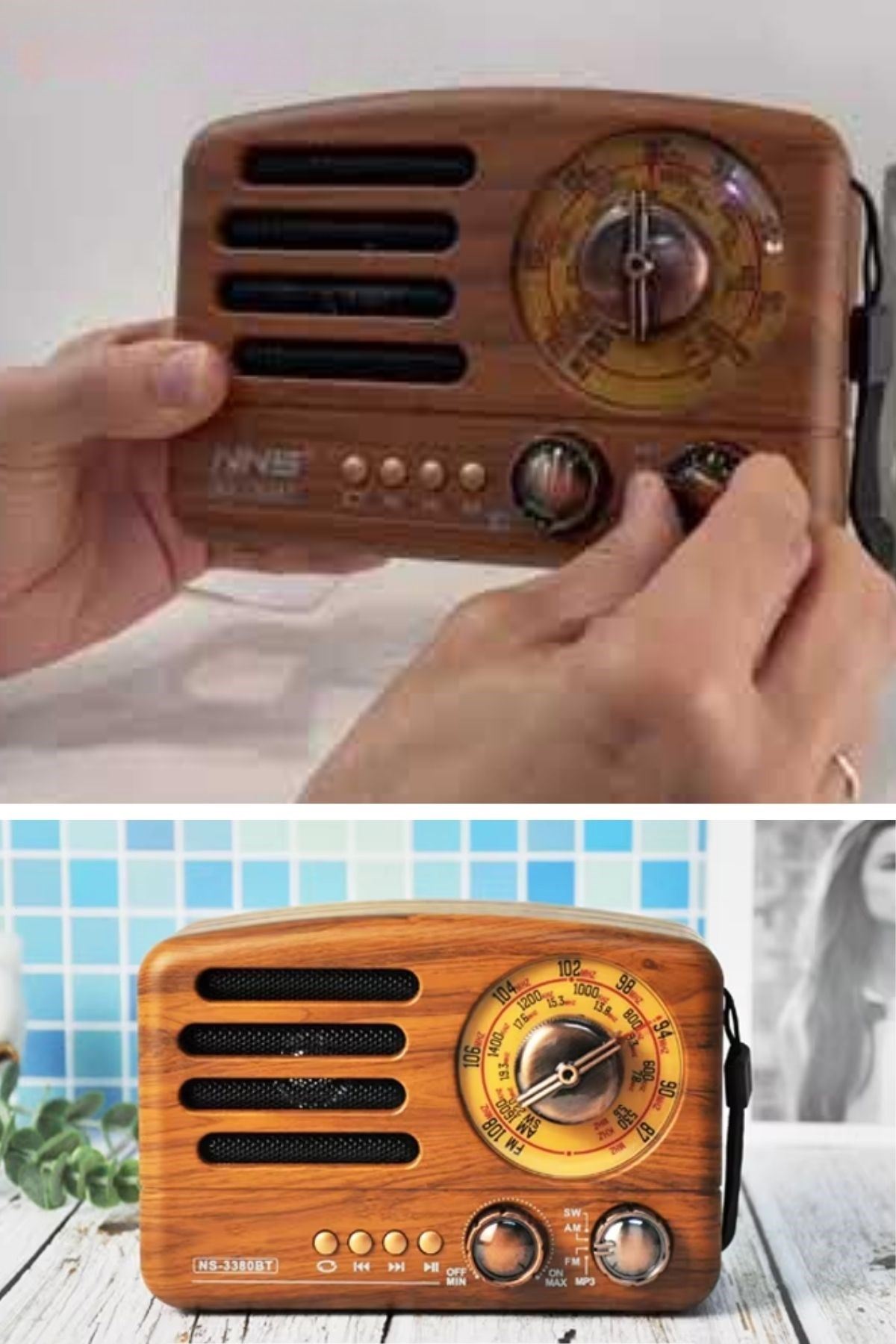 TBL Dekor® Küçük Boy Retro, Nostaljik, Ahşap Tasarım Bluetooth Hoparlörlü, Şarjlı, Taşınabilir Büyük Döndürülebilen Düğmeli FM/AM Destekli Radyo NS338