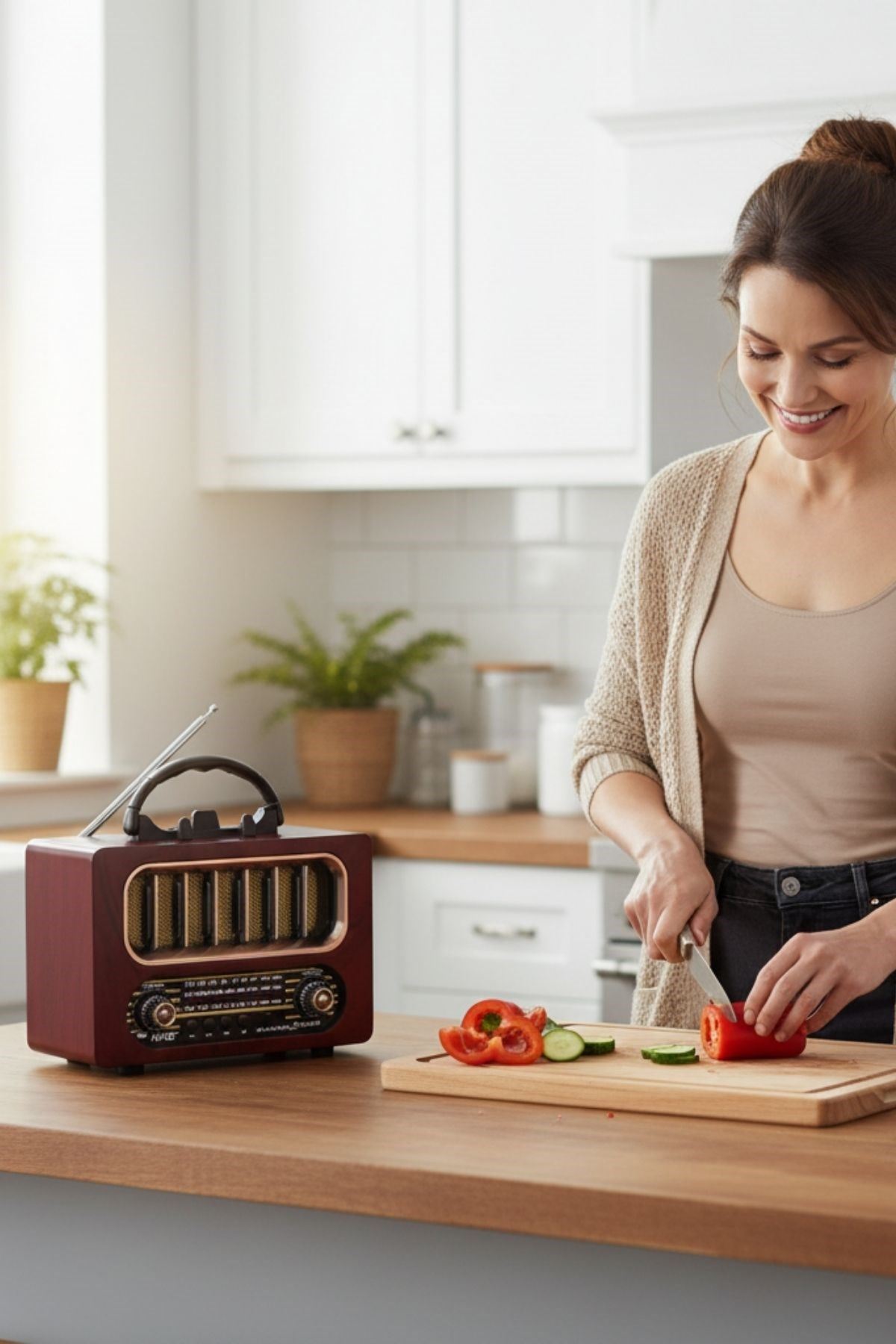 TBL Dekor® Orta Boy Retro Ahşap Tasarım Bluetooth Hoparlörlü Radyo – FM/AM Destekli, Şarjlı ve Taşınabiliri Radyo NS-6636