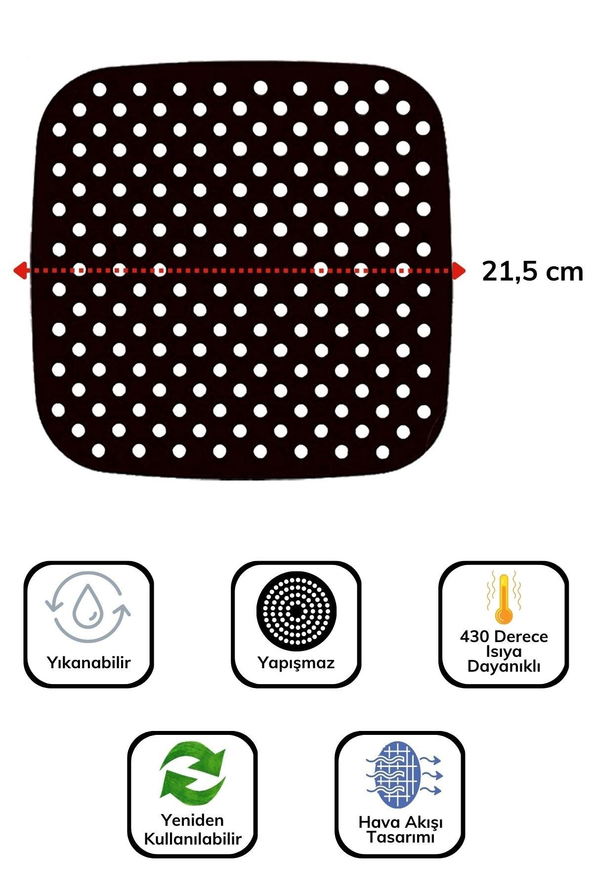 TBL Dekor® Siyah Isıya Dayanıklı Yıkanılabilir Silikon Fırın Ve Airfryer Kare Model Pişirme Matı 21,5 Cm