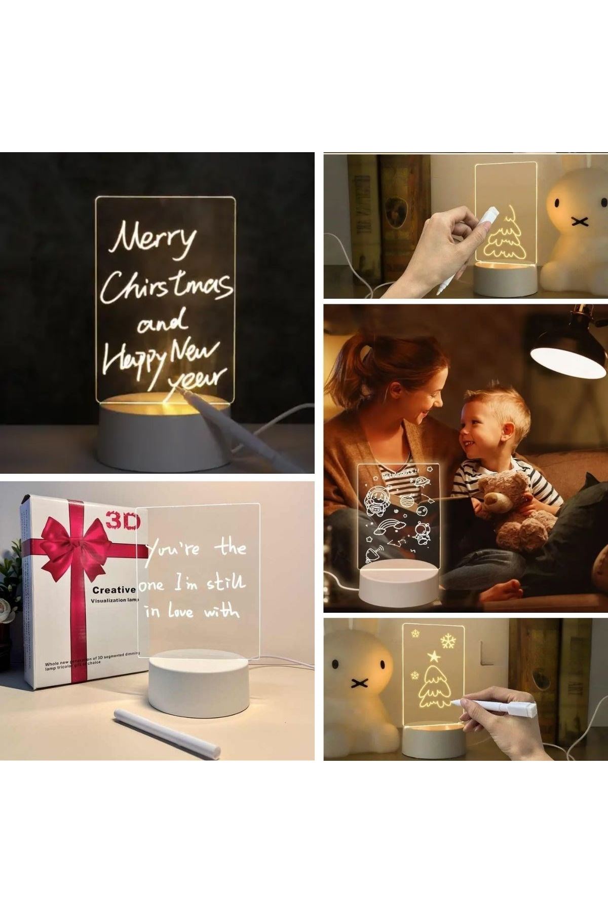 TBL Dekor® USB Kablolu Işıklı Kendiliğinden Beyaz Kalemli-Silgili Kreatif 3D Görselleştirme LED Lambası