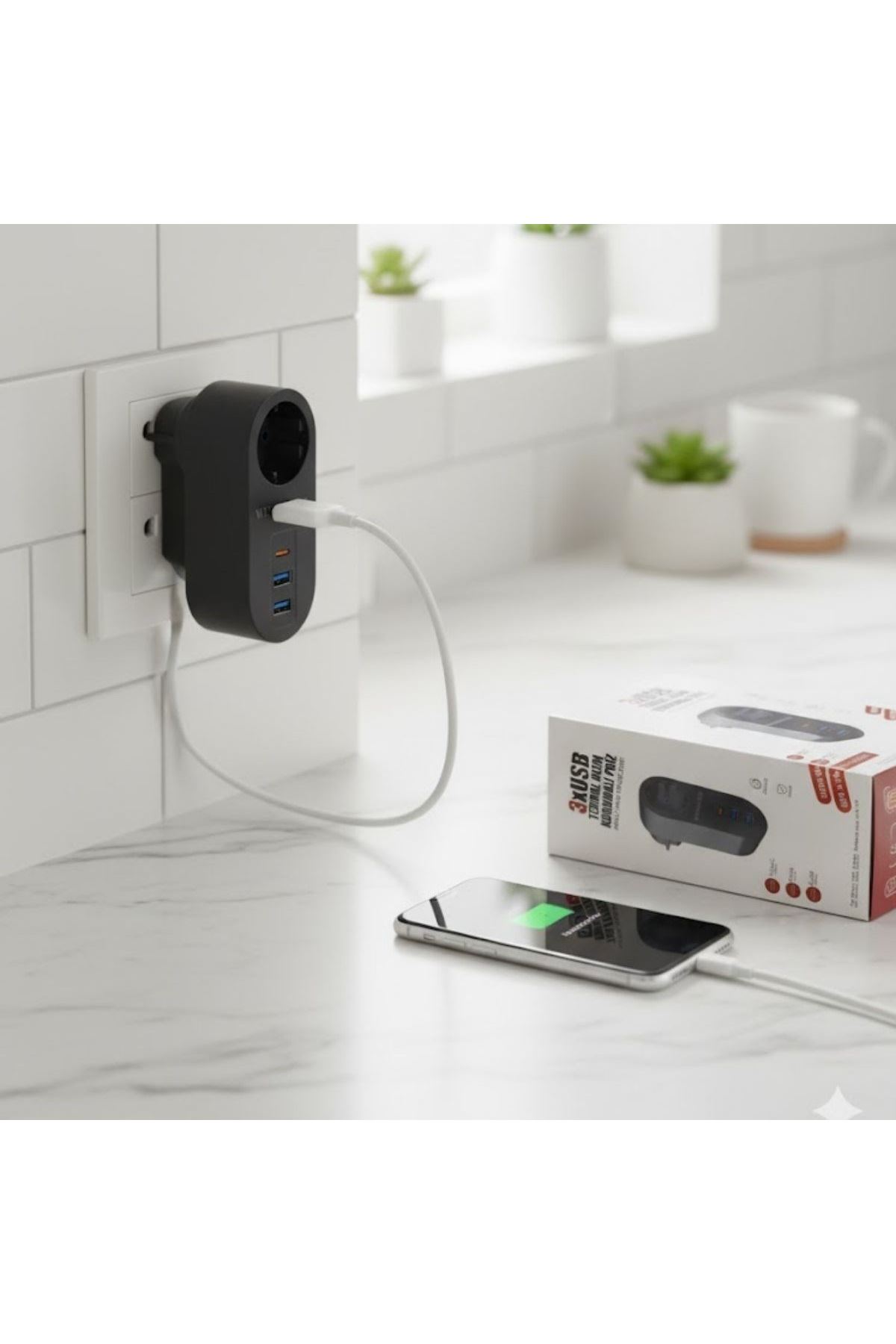 TBL Dekor® 2 USB,1 TYPE-C Girişli 1'li Çocuk Korumalı,Isıya Karşı Dayanıklı 2500Watt Termal Akım Korumalı Priz