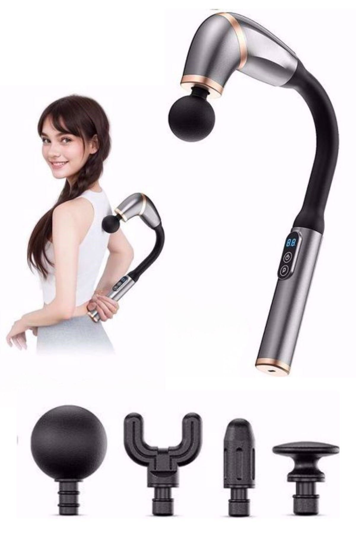 TBL Dekor® 4 Farklı Başlıklı Uzun Saplı Derin Doku Masaj Tabancası, Boyun, Omuz ve Sırt için Ergonomik Saplı Çoklu Masaj Modlu Taşınabilir Masaj Aleti