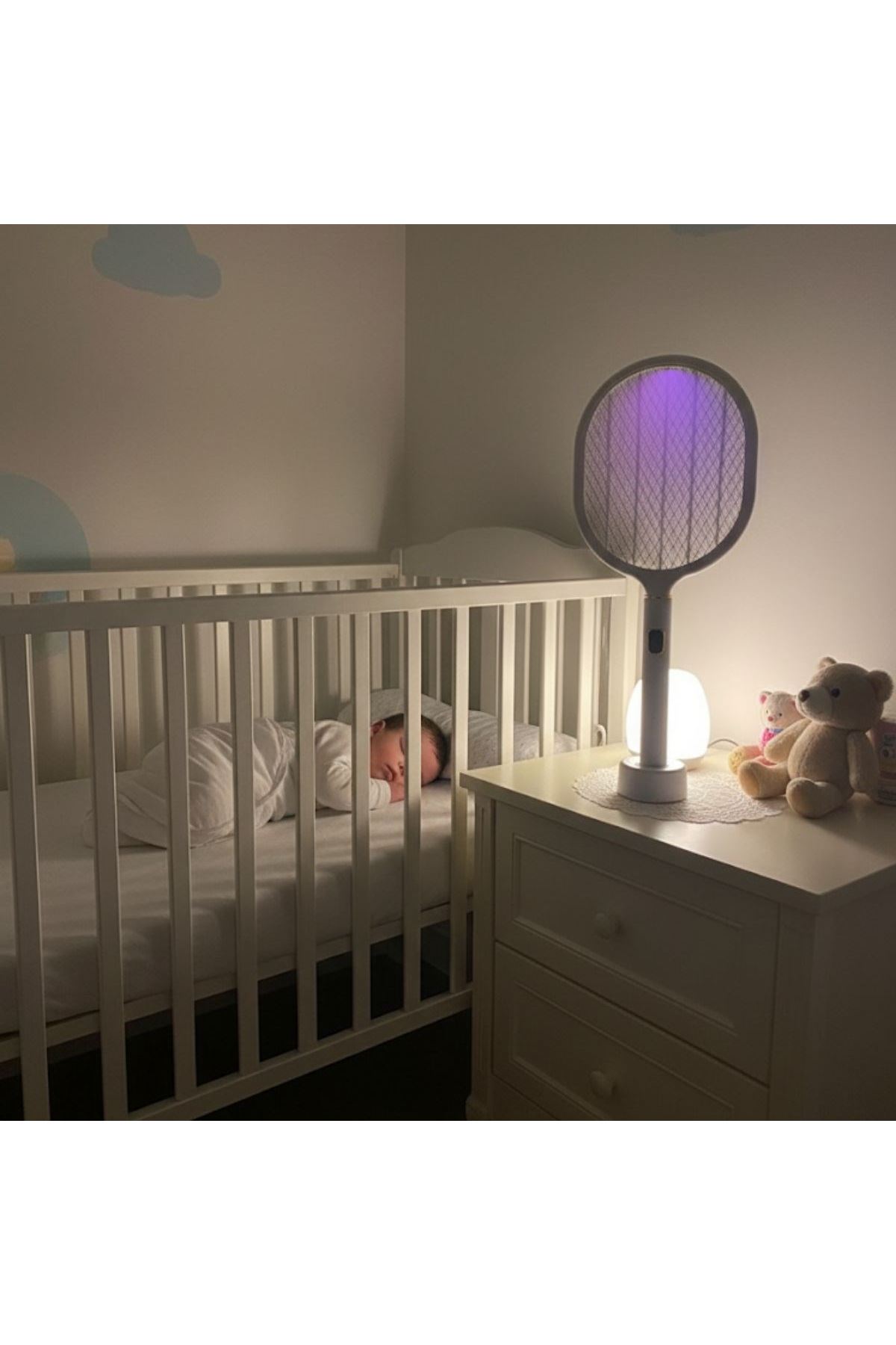 TBL Dekor® USB Şarjlı Beyaz Renk Kendiliğinden Standlı Şarj Göstergeli UV Işıklı Sinek Öldürme Raketi LTD-718