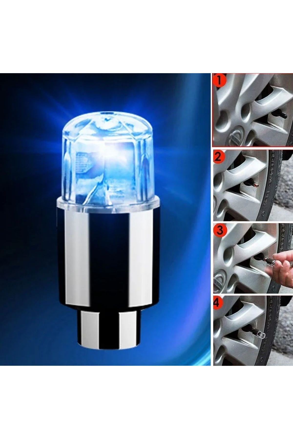 TBL Dekor® Araç ve Bisiklet İçin 2’li Mavi LED Hava Valfi Işık Kapakları–Gece Parlayan Lastik Lambası Sibop Kapağı