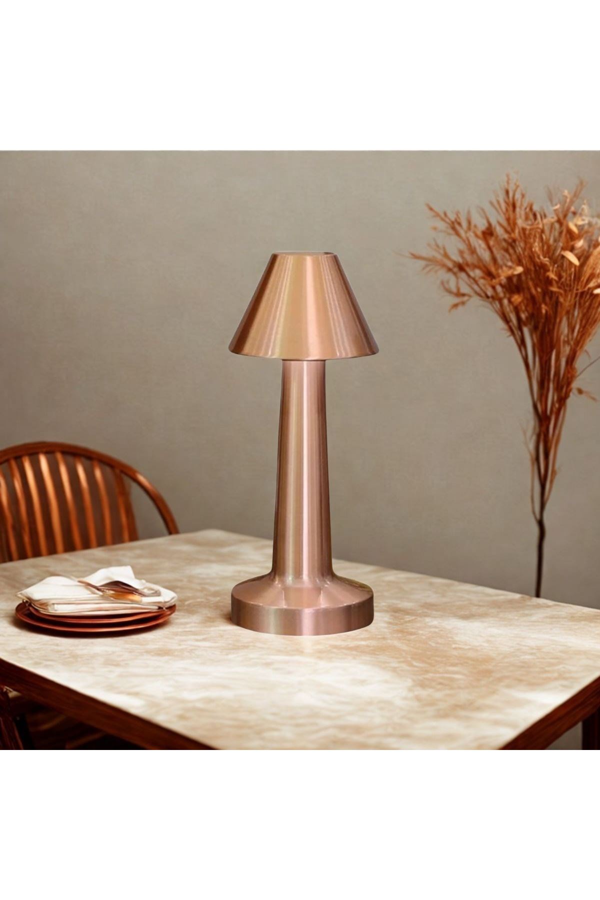 TBL Dekor® Çatı Model Bronz Renk Şarjlı Dokunmatik 3 Renkli LED Masa Lambası