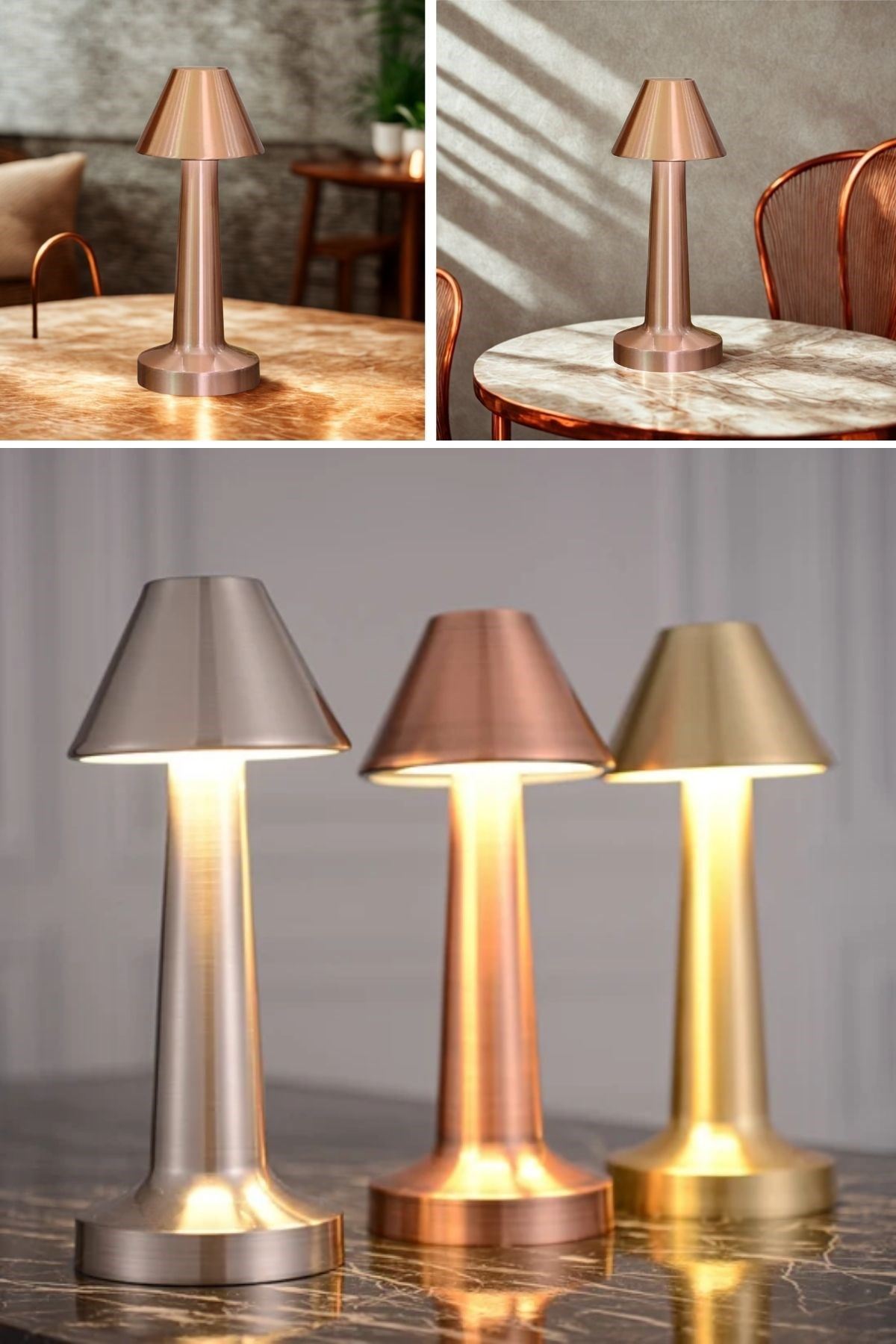 TBL Dekor® Çatı Model Bronz Renk Şarjlı Dokunmatik 3 Renkli LED Masa Lambası