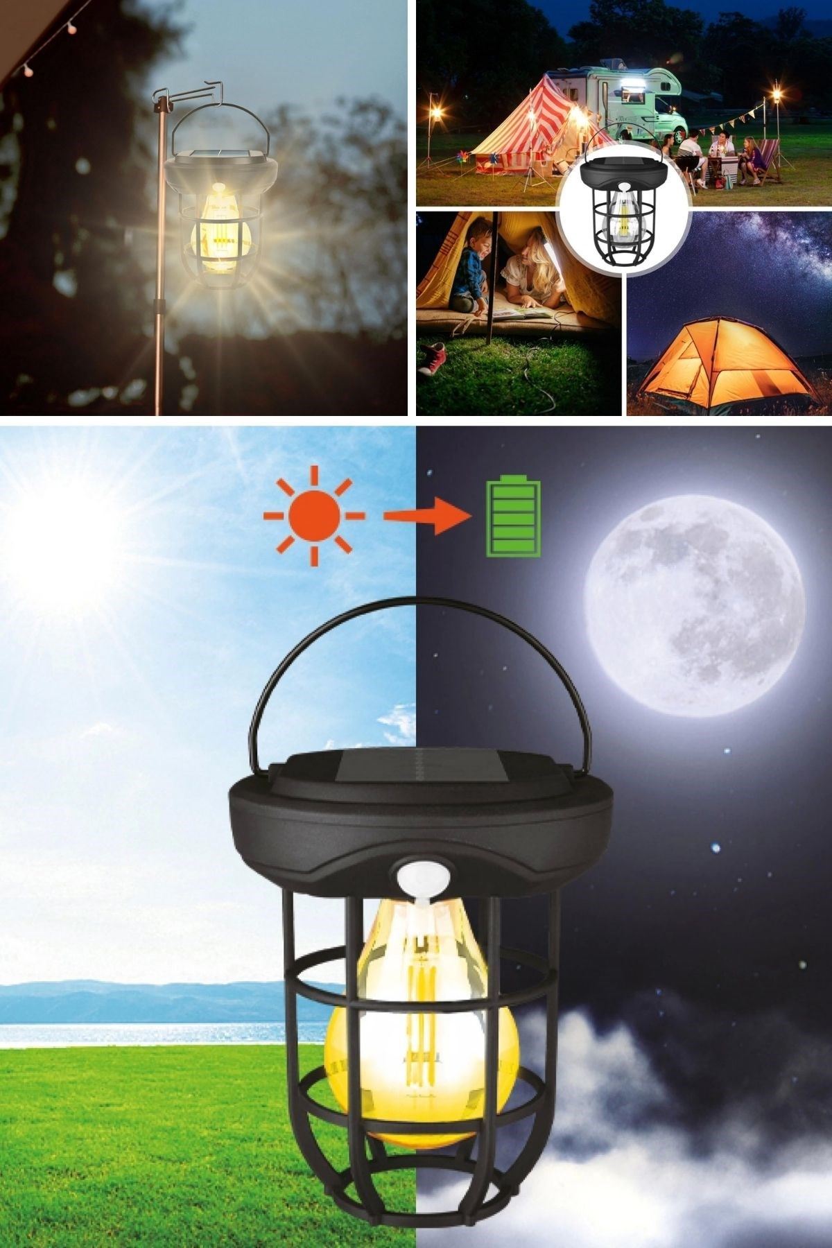 TBL Dekor® Solar Kamp Feneri – Güneş Enerjili, Otomatik Şarj ve Gece Işığı, Taşınabilir ve Asılabilir LED Dış Mekan Lamba