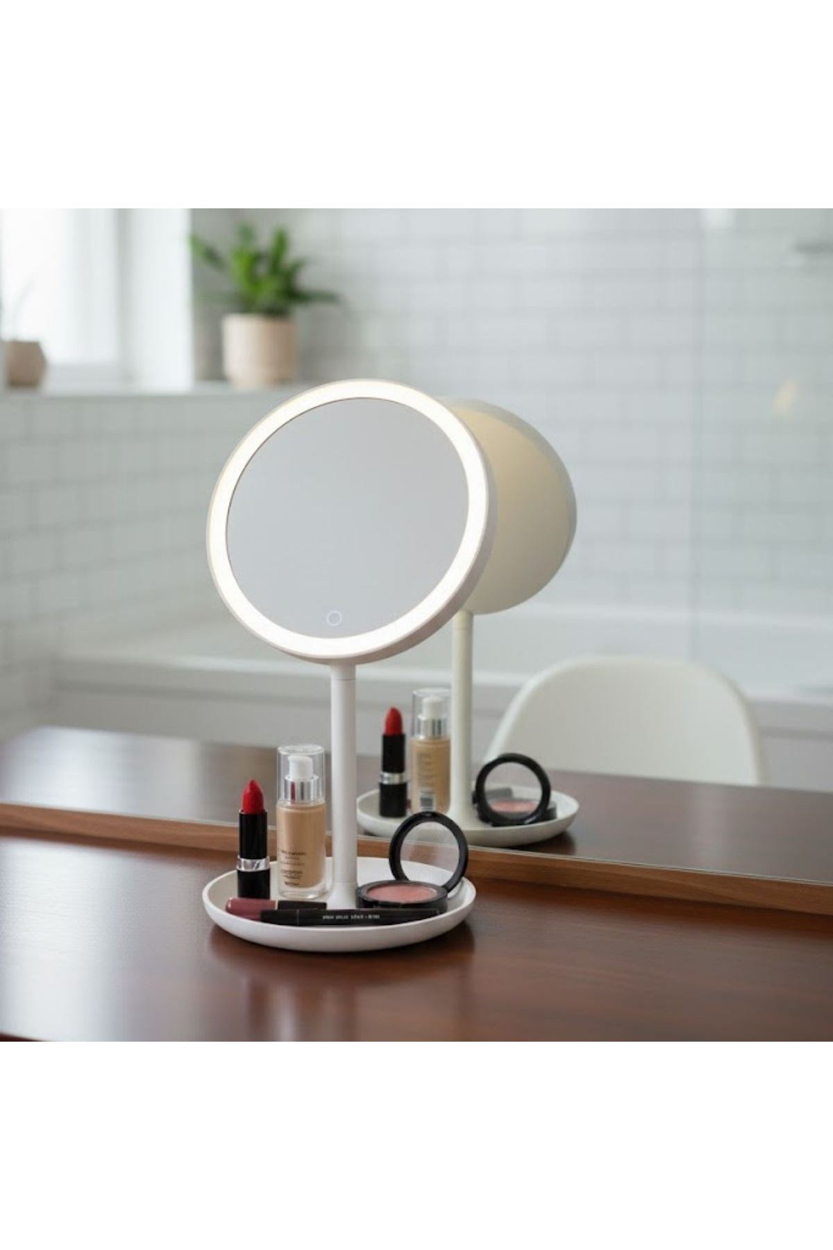 TBL Dekor® LED Işıklı Yuvarlak Makyaj Aynası – Dokunmatik Ayarlanabilir Işık Tonlu, 360° Döner Masaüstü Profesyonel Makyaj ve Cilt Bakım Aynası