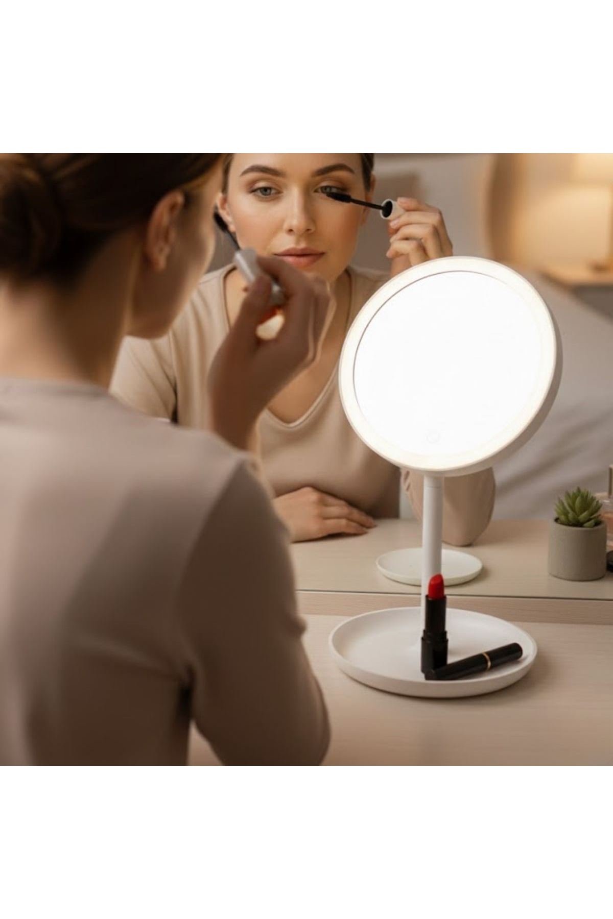 TBL Dekor® LED Işıklı Yuvarlak Makyaj Aynası – Dokunmatik Ayarlanabilir Işık Tonlu, 360° Döner Masaüstü Profesyonel Makyaj ve Cilt Bakım Aynası