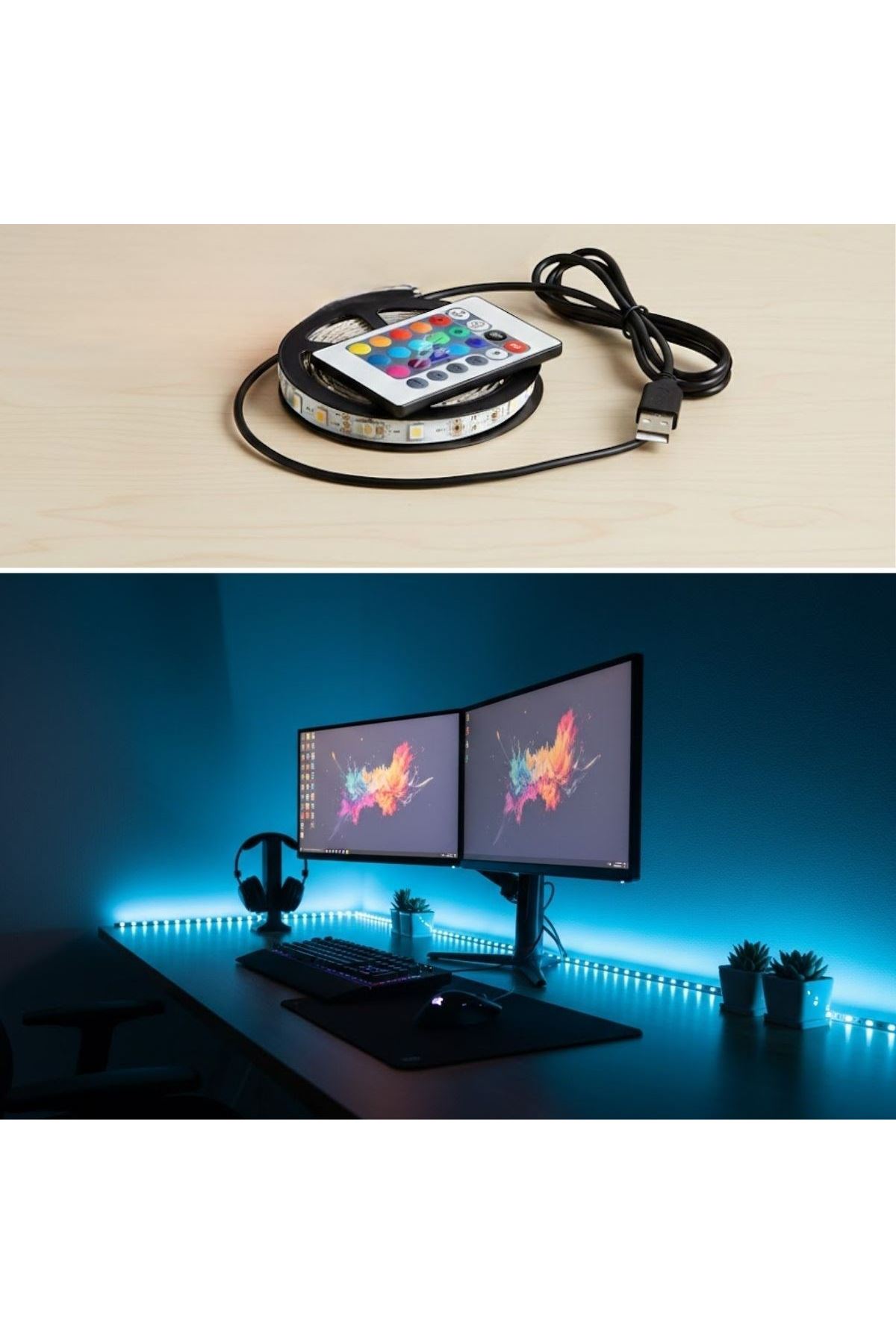 2 Metre Kumandalı USB LED Şerit Işık – Renk Ayarlı Dekoratif Ortam ve Ambiyans Aydınlatması