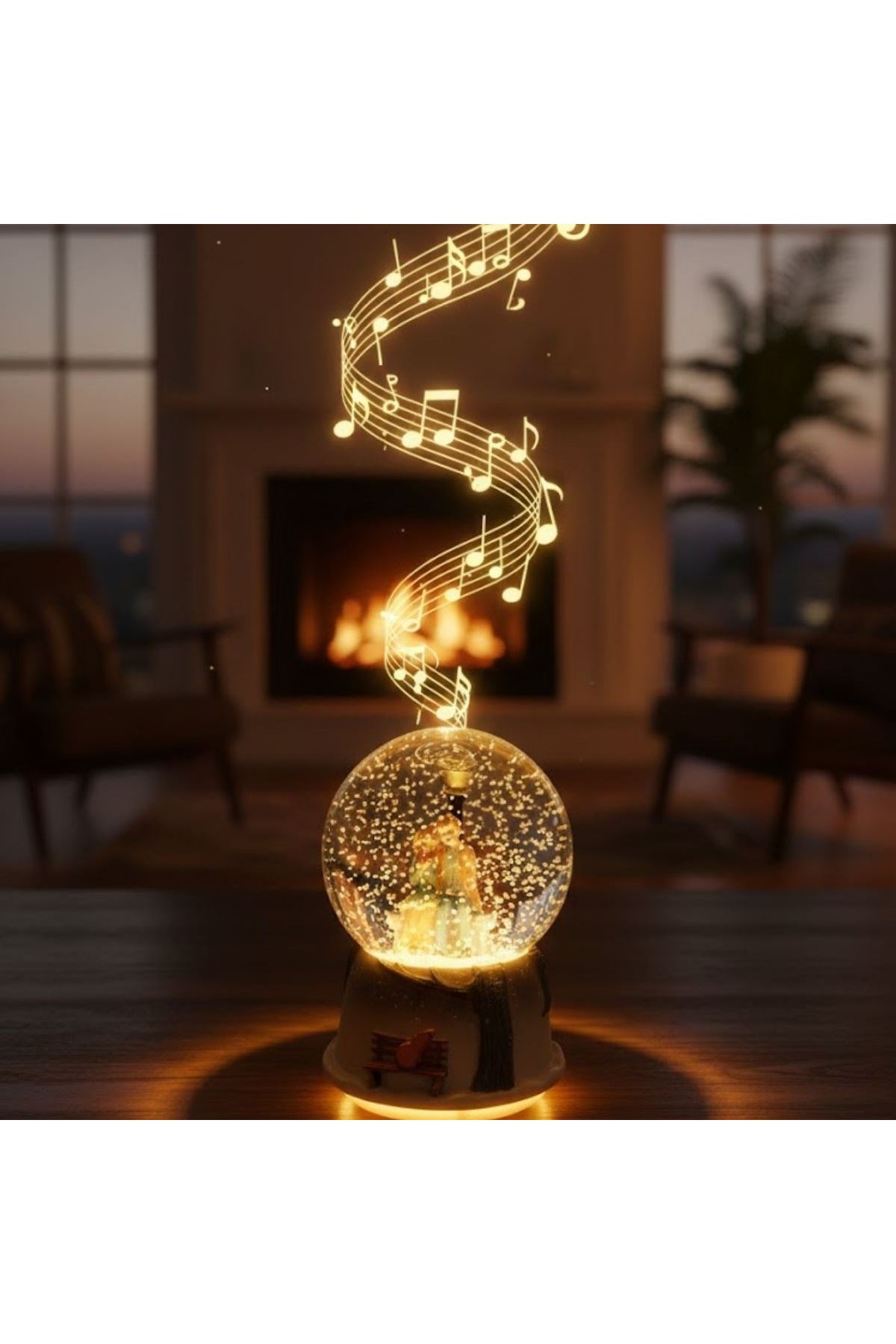 Pilli Işıklı Müzikli Kar Küresi–Kış Masalı Bankta Sevgili Figürlü Eğlenceli Masaüstü Biblo, LED Aydınlatmalı Dekoratif Hediyelik Kar Küresi