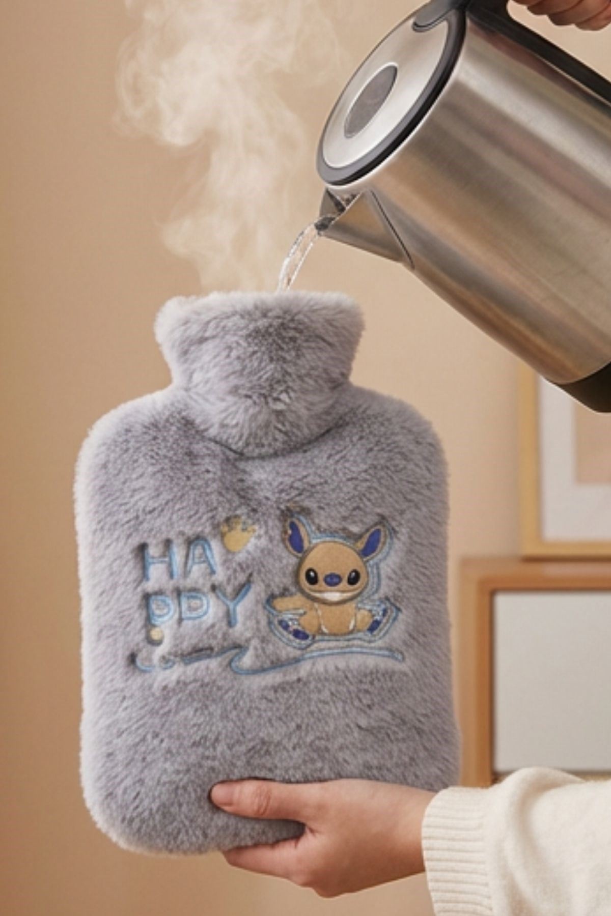 Mutlu Robot Hayvan Figürlü Gri Peluş Sıcak Su Torbası 1 Lt – Yumuşak Kılıf, Uzun Süre Sıcak Tutan Termal Su Torbası