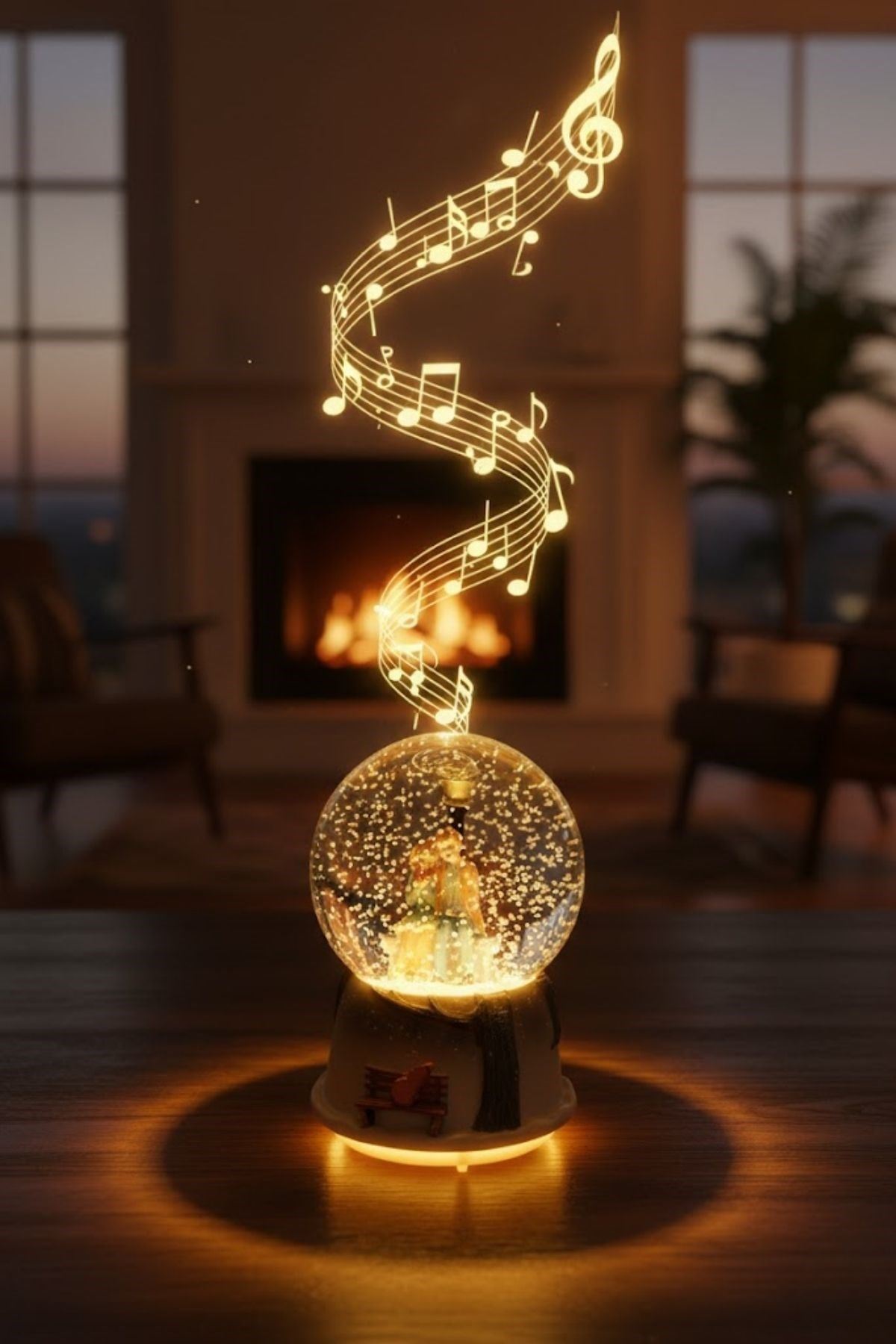 Pilli Işıklı Müzikli Kar Küresi–Kış Masalı Bankta Sevgili Figürlü Eğlenceli Masaüstü Biblo, LED Aydınlatmalı Dekoratif Hediyelik Kar Küresi
