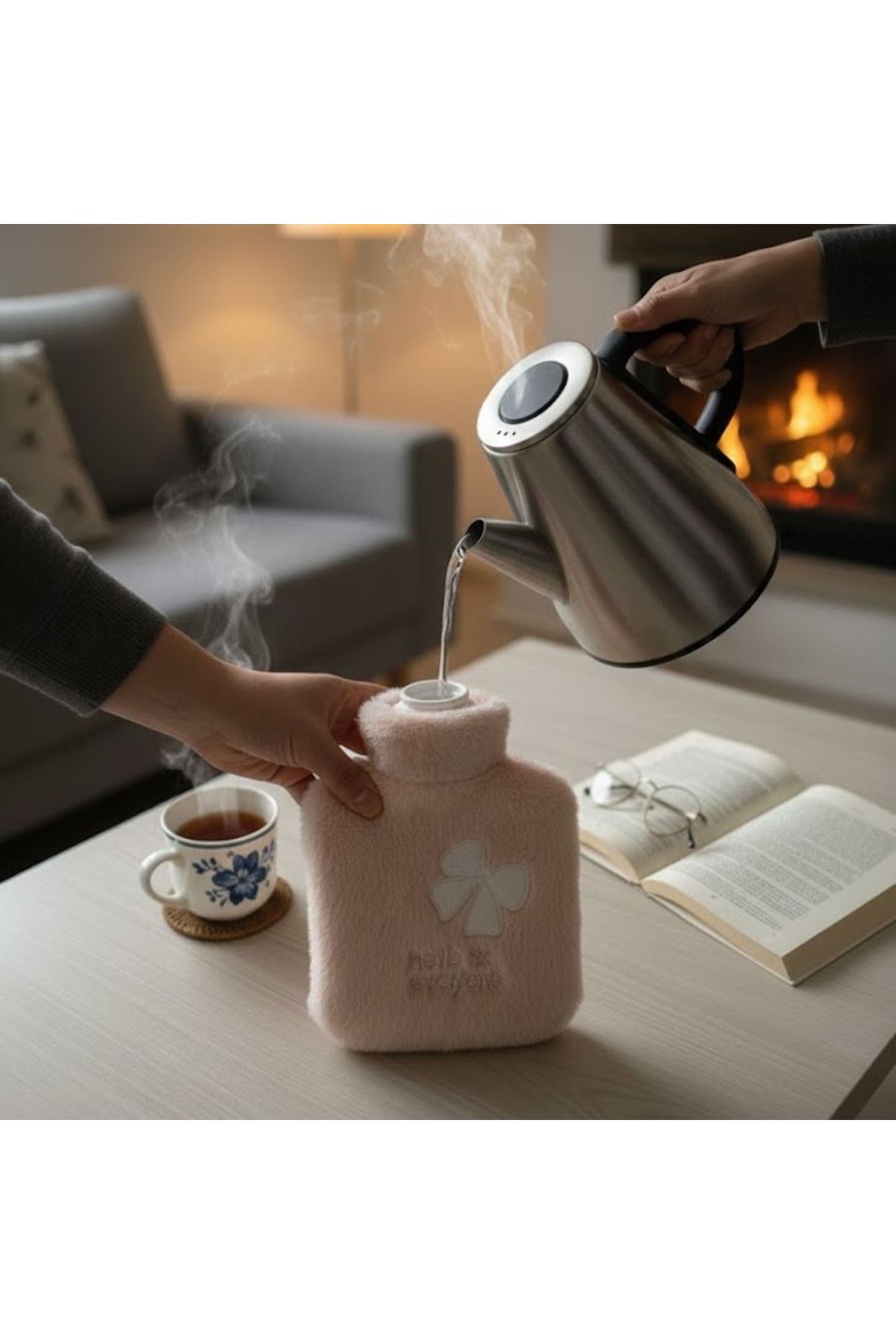Hello Everyone Yazılı Kurdeleli Pembe Peluş Sıcak Su Torbası 1 Lt – Yumuşak Kılıf, Uzun Süre Sıcak Tutan Termal Su Torbası