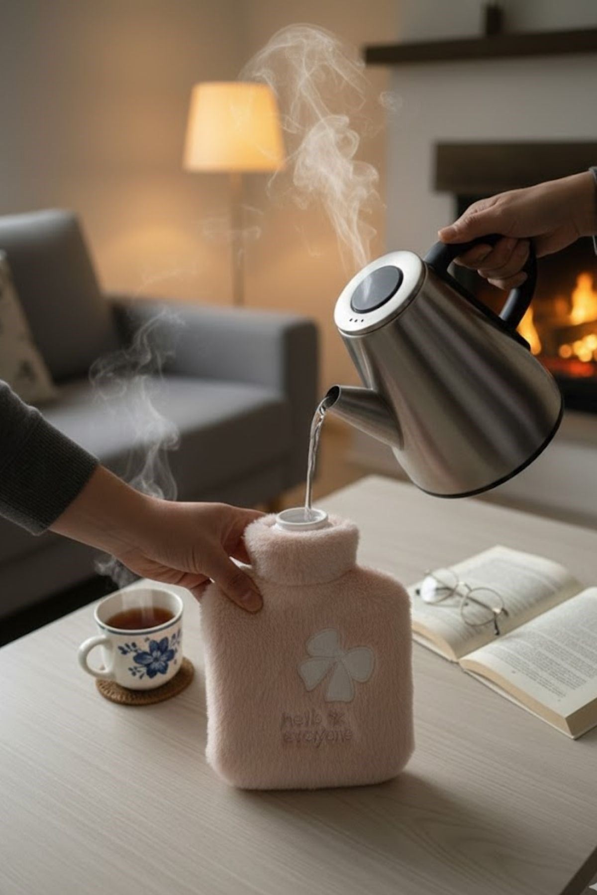 Hello Everyone Yazılı Kurdeleli Pembe Peluş Sıcak Su Torbası 1 Lt – Yumuşak Kılıf, Uzun Süre Sıcak Tutan Termal Su Torbası