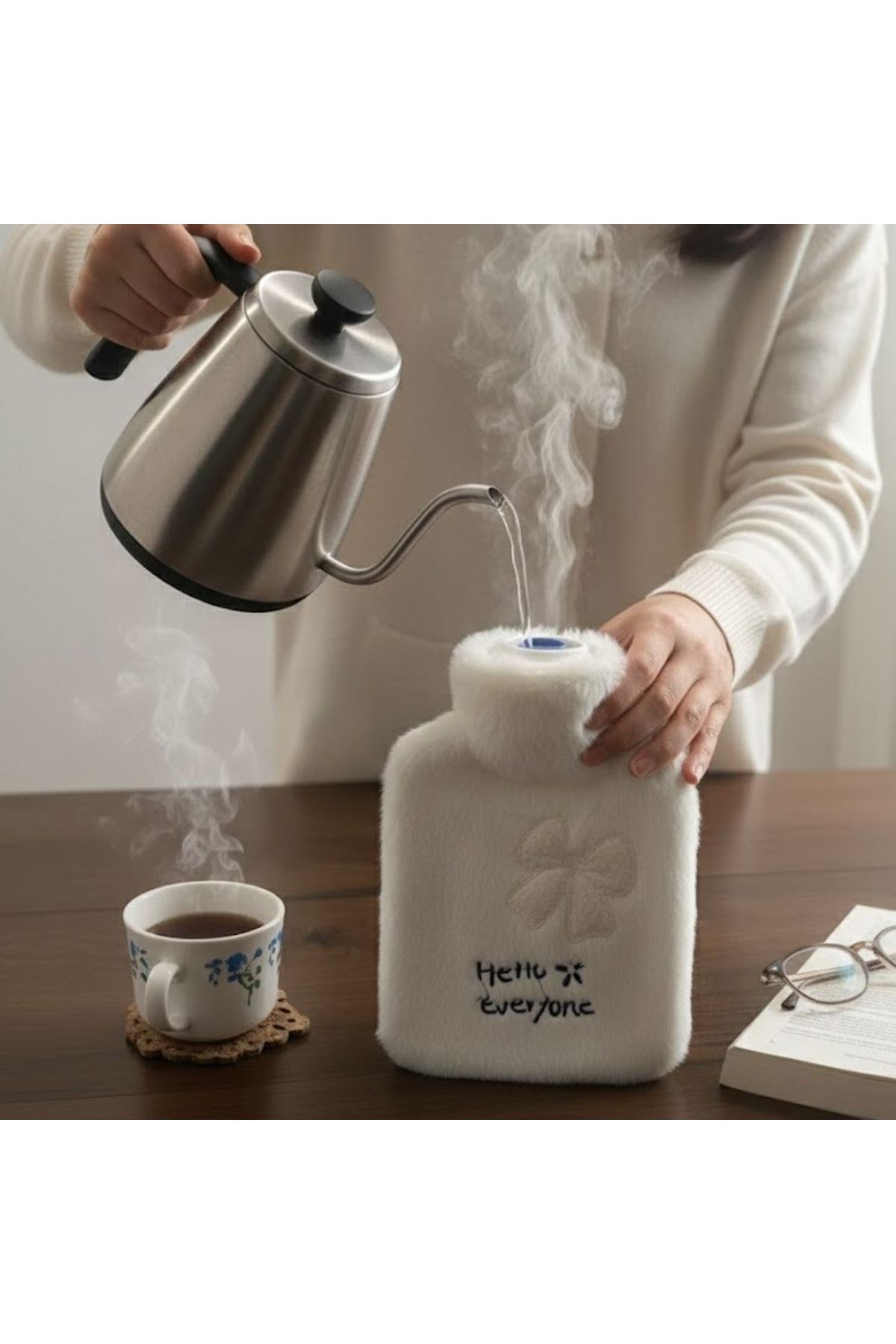 Hello Everyone Yazılı Kurdeleli Beyaz Peluş Sıcak Su Torbası 1 Lt – Yumuşak Kılıf, Uzun Süre Sıcak Tutan Termal Su Torbası